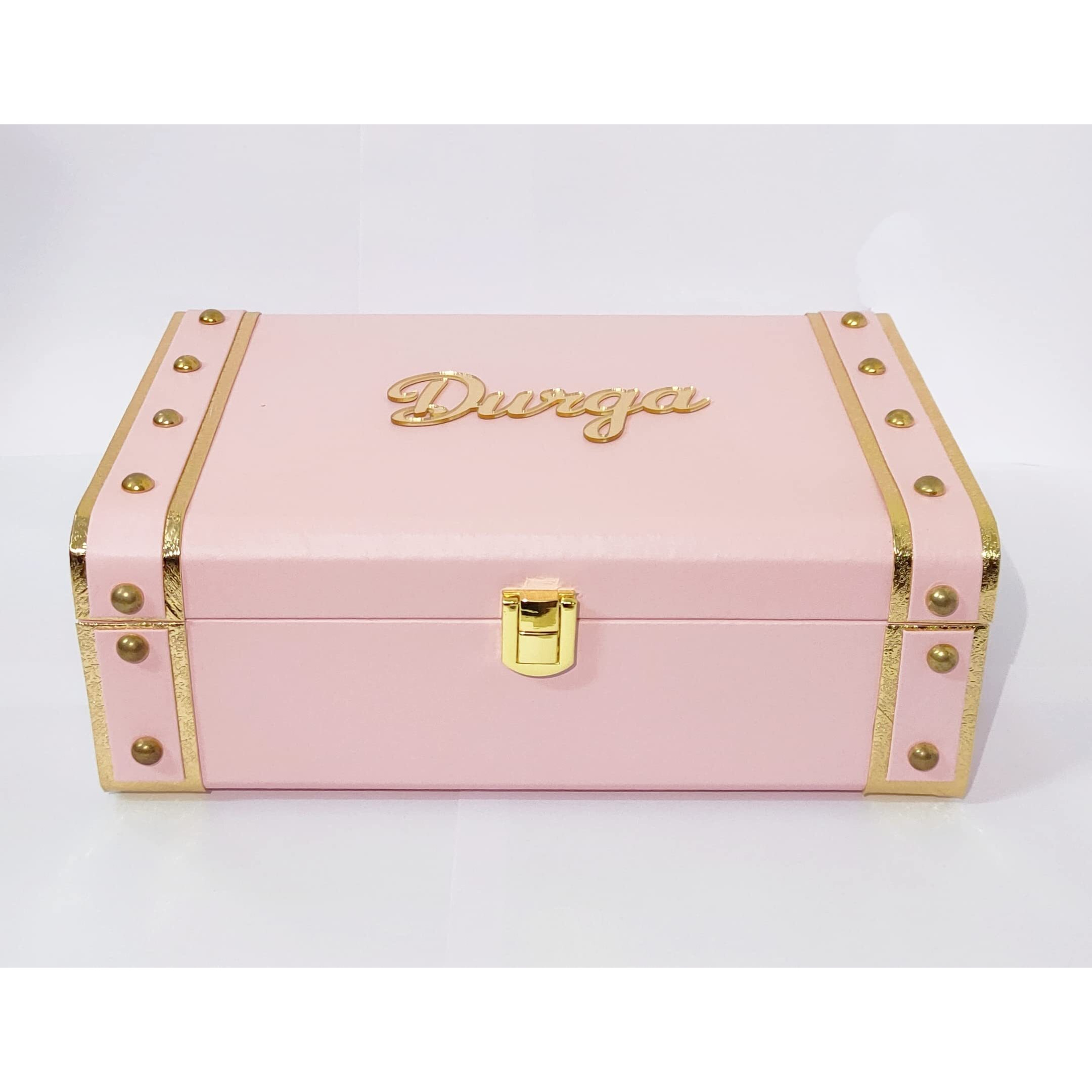 DURGA TRUNK NAME CUSTOMIZE PINK LEATHER TRUNK BOX [ 10-7-3.5 inch ] SINGLE WORD ONLY,Rectangular