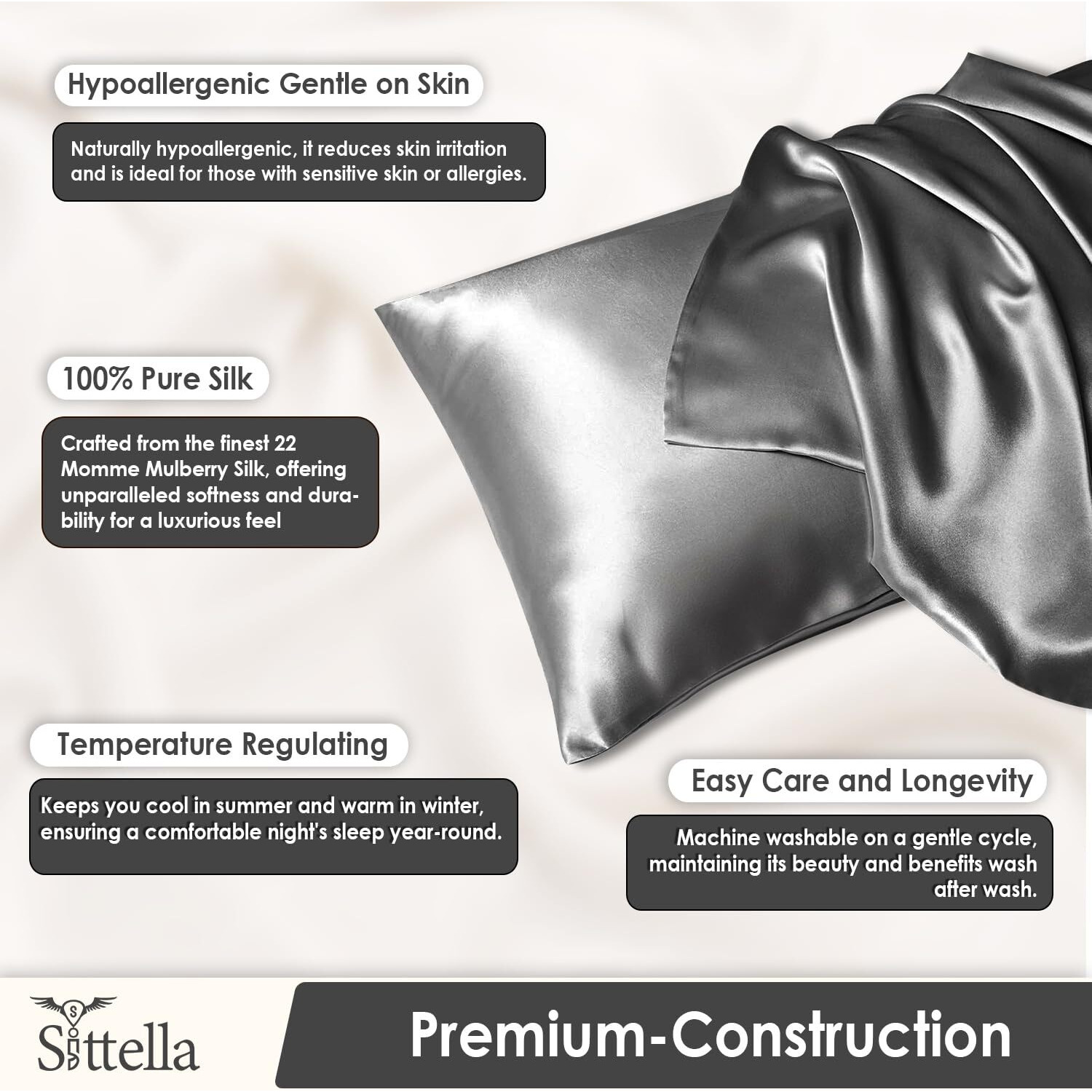 SITTELLA Set of 2 Satin Silk Pillow Cover and 3 Free Satin Silk Scrunchies with Envelope Closure End and Design, Soft Silk Pillow Case for Hair and Skin (Grey)