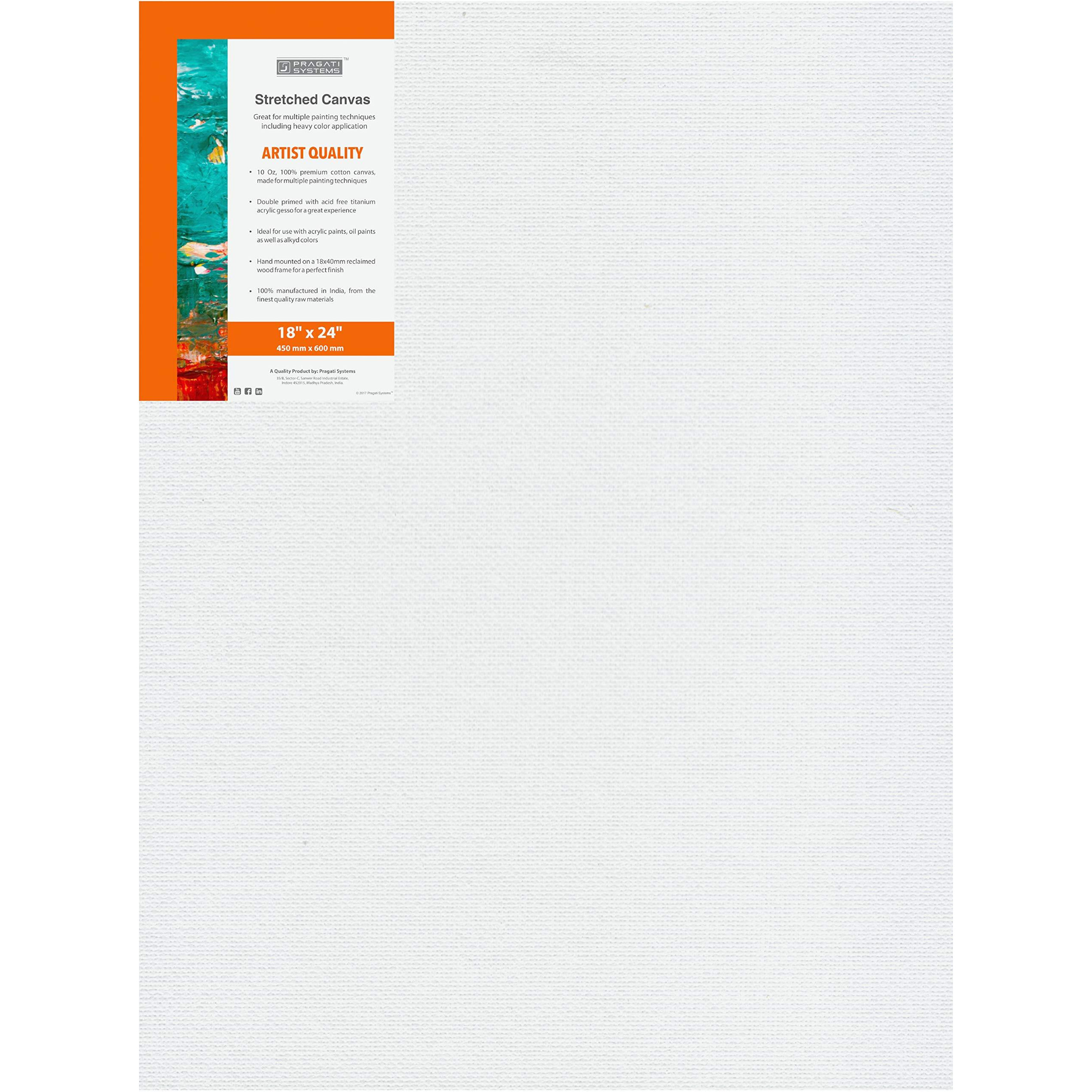 Pragati Systems Medium Grain 18x24 Inch 10 Oz. Primed Cotton Pre Stretched Canvas with Wooden Frame for Painting ACS1824, White (Pack of 1)