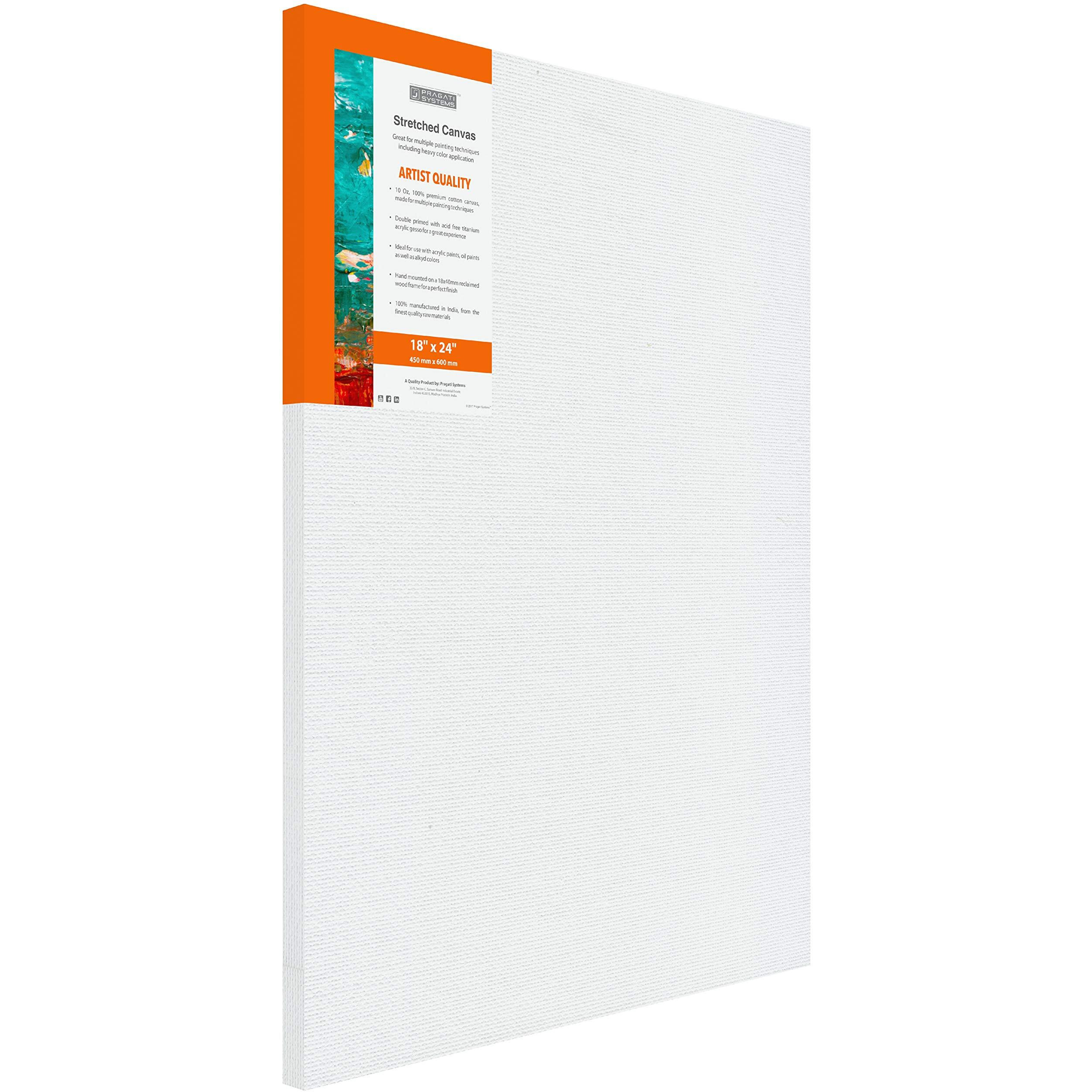Pragati Systems Medium Grain 18x24 Inch 10 Oz. Primed Cotton Pre Stretched Canvas with Wooden Frame for Painting ACS1824, White (Pack of 1)