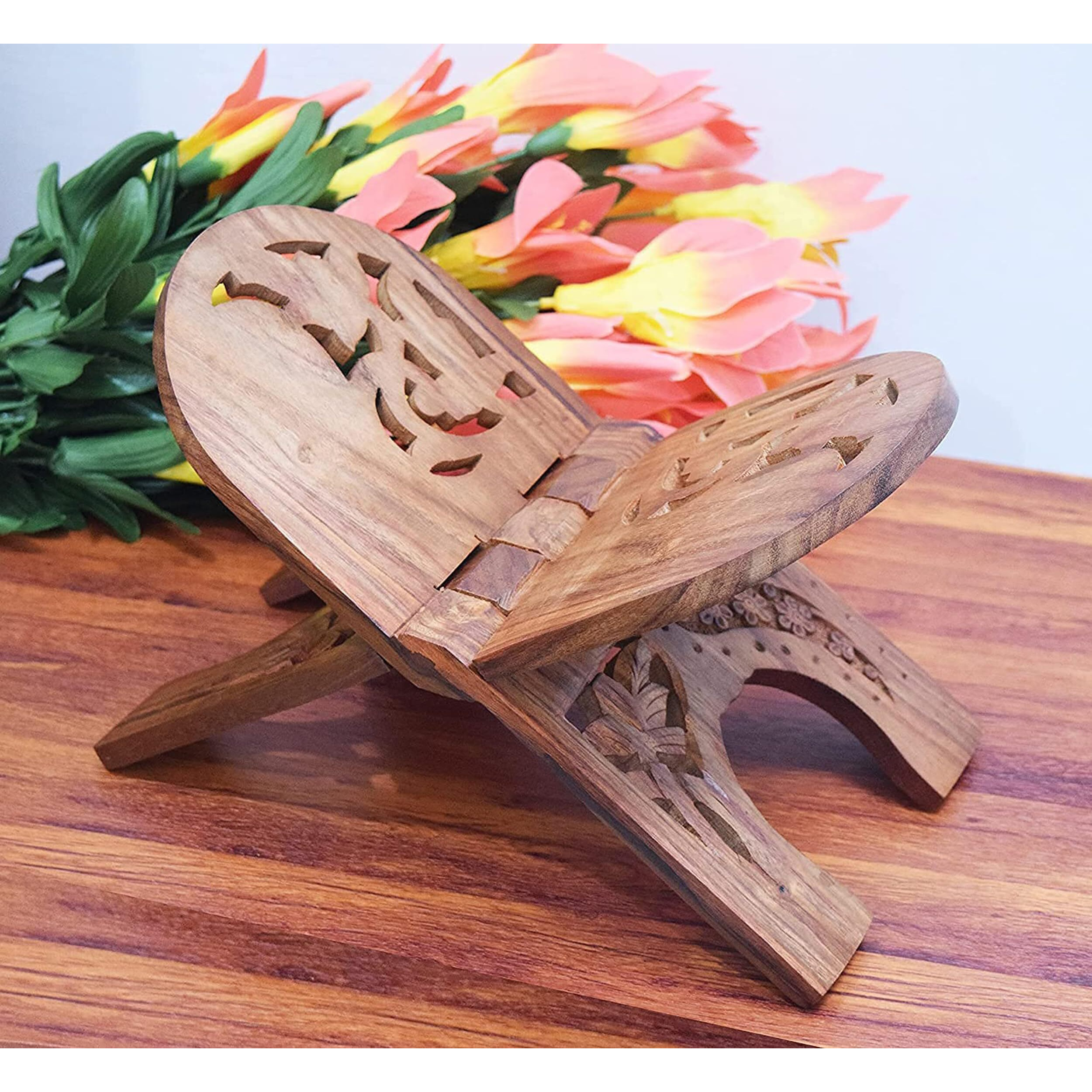 Woodiva Sheesham Wooden Hand Carved Holy Book Stand for Quran, Bible, Bhagwat, Gita, Ramayana & Guru Granth Sahib for Reading Rehal Stand (RD06, 13 inches)
