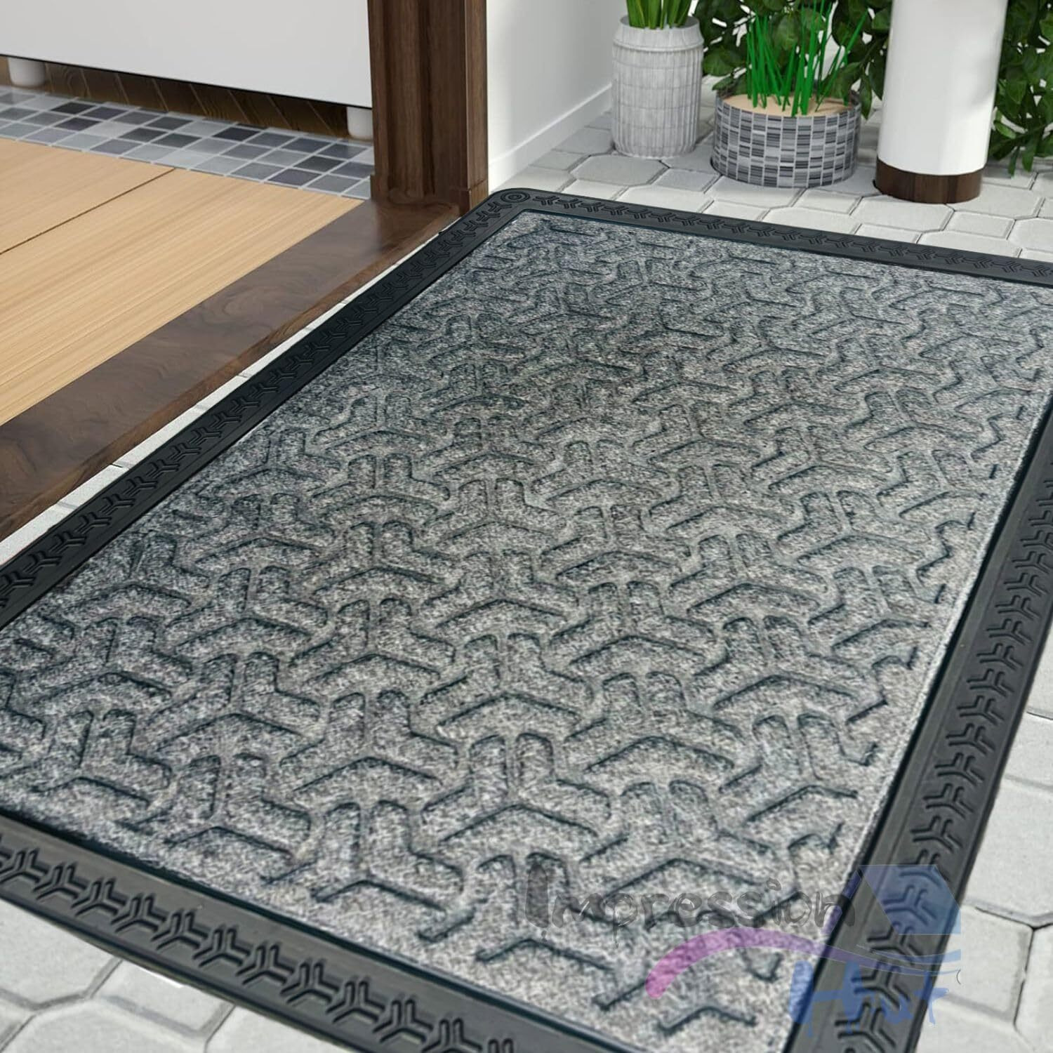 Impression Hut Polypropylene 3D Block Pattern Entrence Welcome Door Mat Water Proof Foot Mat with Anti Slip Natural Rubber Backing for Bathroom, Office, Kitchen and Hospital (40 X 60) Grey