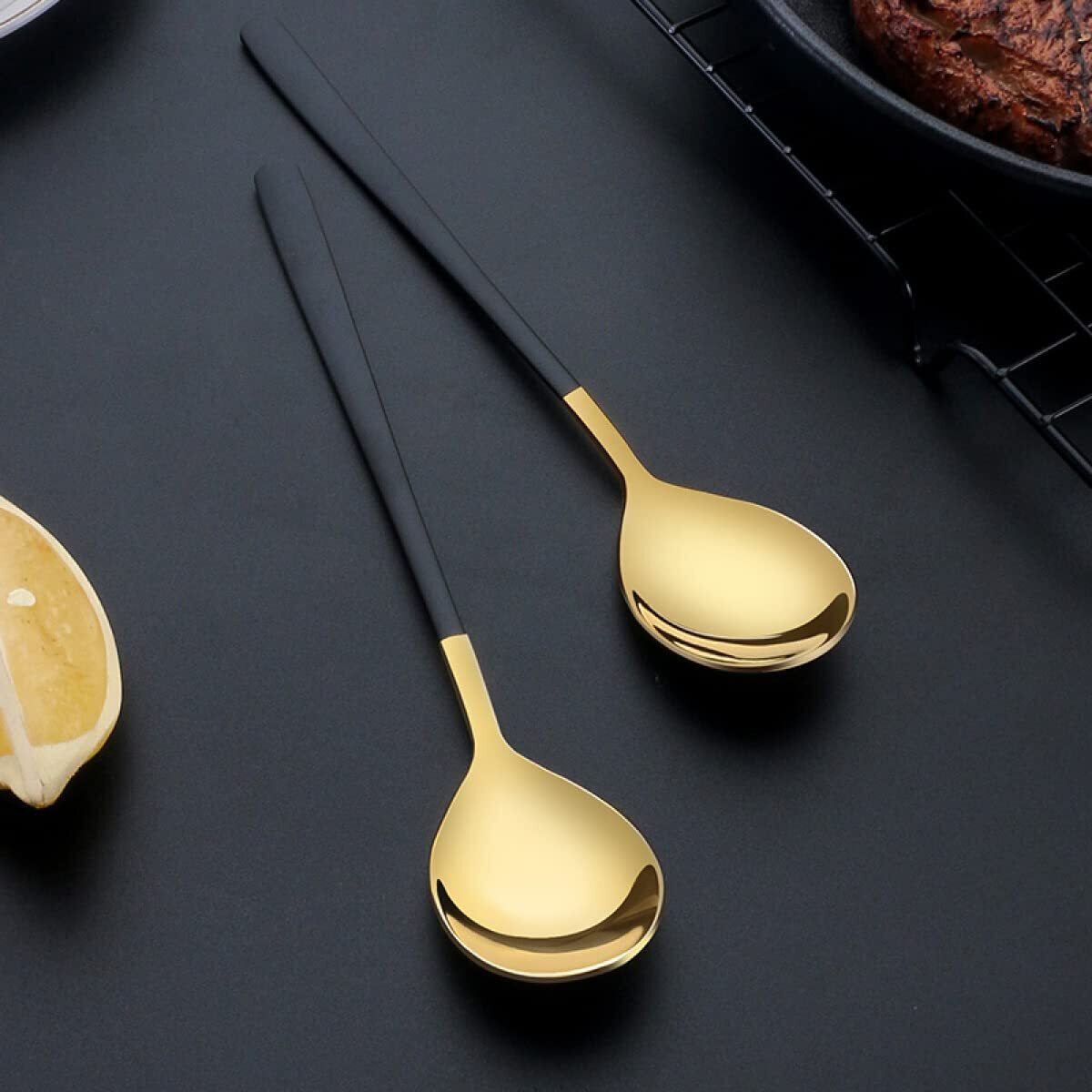 Leeonz Stainless Steel Dinner/Table Spoons, Gold Elliptical Head, Spoon Set, Length 21 cm, Set of 2, Black