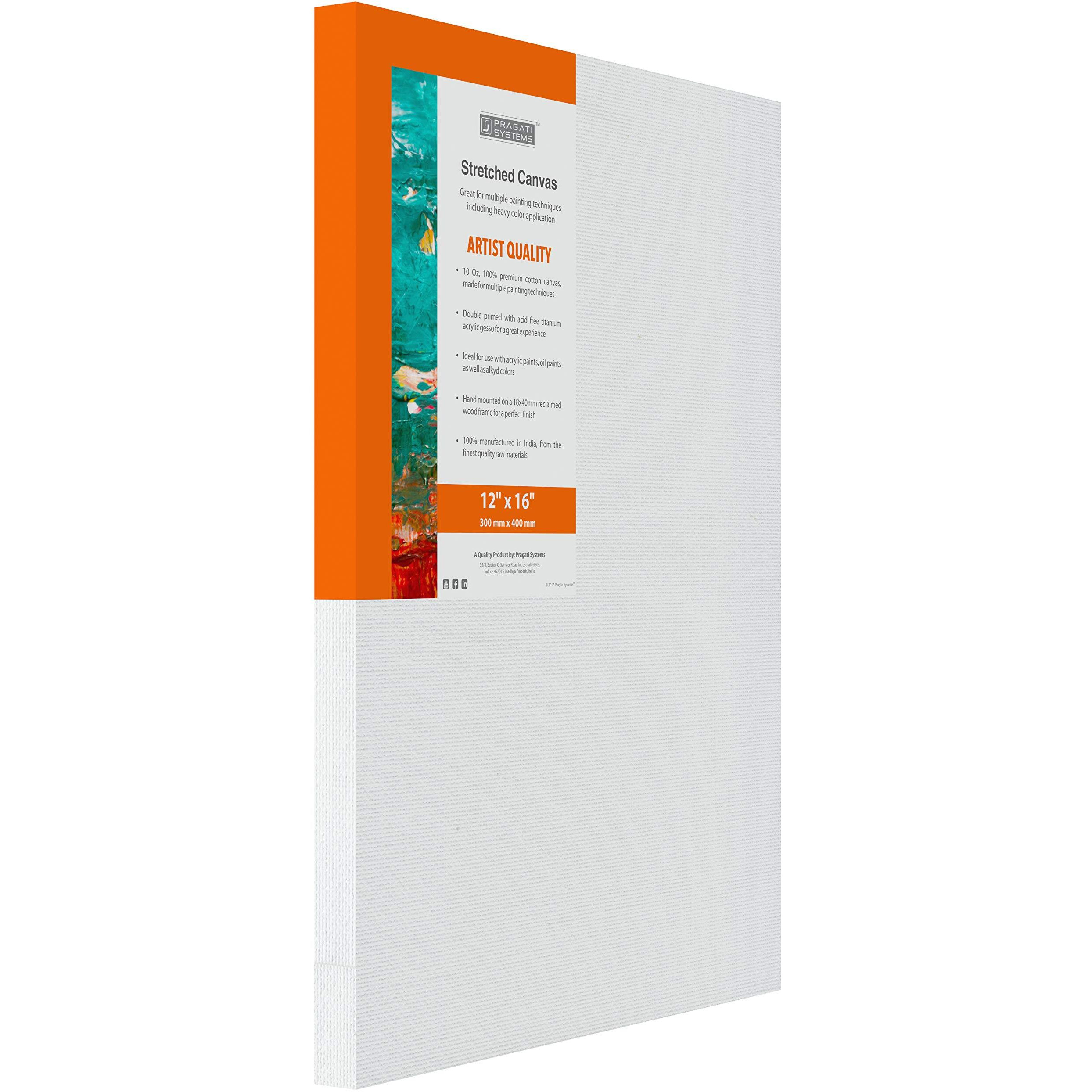 Pragati Systems Medium Grain 12x16 Inch 10 Oz. Primed Cotton Pre Stretched Canvas with Wooden Frame for Painting ACS1216, White (Pack of 1)