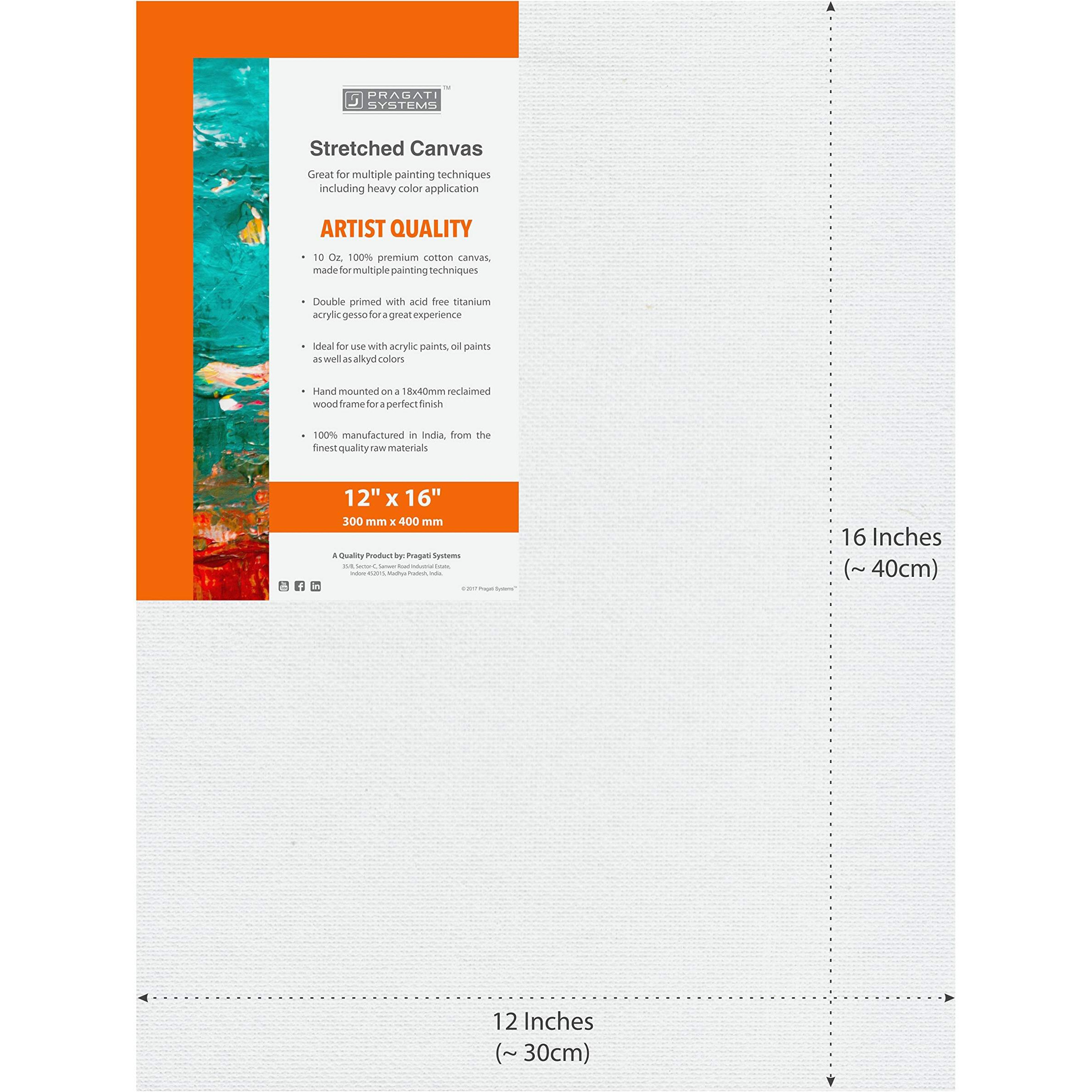 Pragati Systems Medium Grain 12x16 Inch 10 Oz. Primed Cotton Pre Stretched Canvas with Wooden Frame for Painting ACS1216, White (Pack of 1)