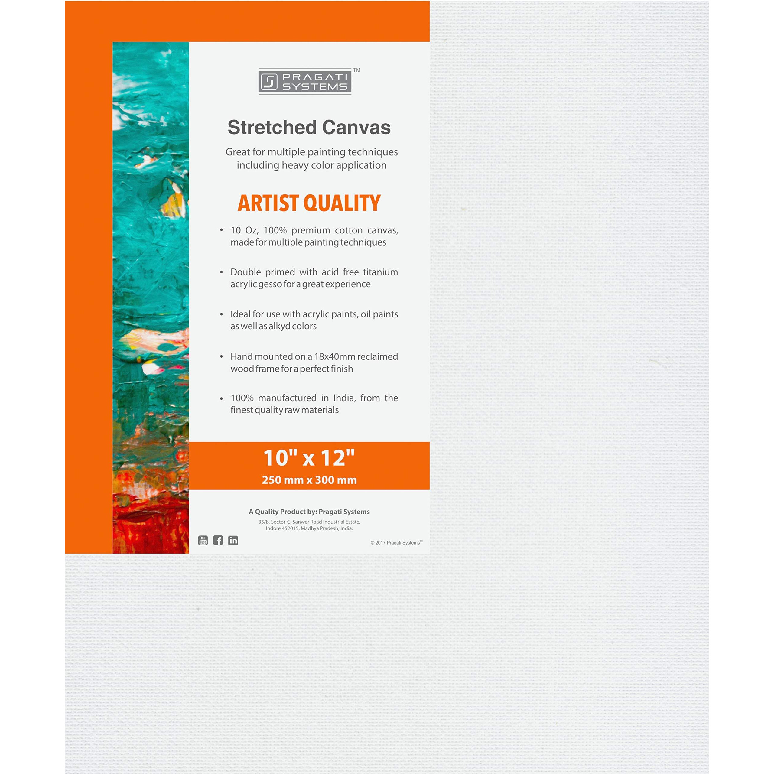 Pragati Systems Medium Grain 10x12 Inch 10 Oz. Primed Cotton Pre Stretched Canvas with Wooden Frame for Painting ACS1012, White (Pack of 1)