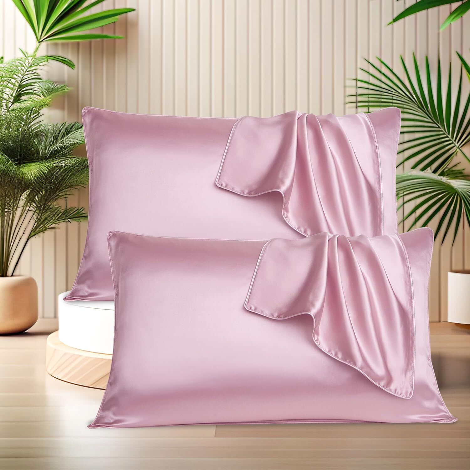 SITTELLA Set of 2 Satin Silk Pillow Cover and 3 Free Satin Silk Scrunchies with Envelope Closure End and Design, Soft Silk Pillow Case for Hair and Skin (Pink)