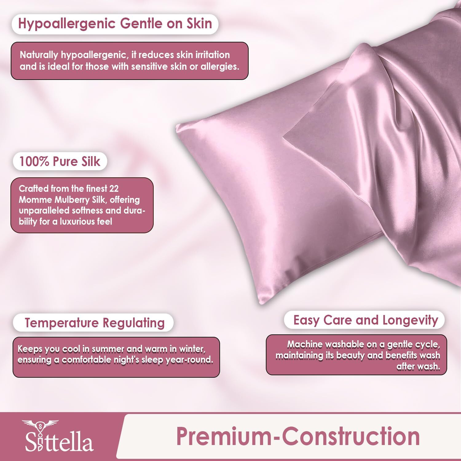SITTELLA Set of 2 Satin Silk Pillow Cover and 3 Free Satin Silk Scrunchies with Envelope Closure End and Design, Soft Silk Pillow Case for Hair and Skin (Pink)