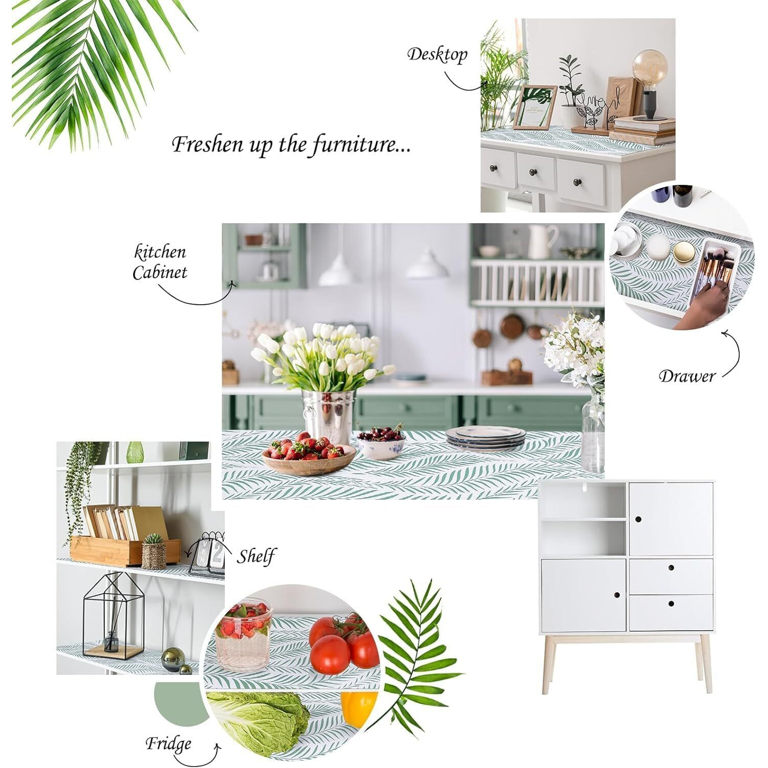 Ash & Roh Kitchen Cabinet Liner Drawer Mat Desk Shelf Pad PVC Anti Slip Lining Mat for Drawer Liner Mat for Bedroom Wardrobe Cabinet and Kitchen Place mats (White Leaf, 45 CM x 100 CM)