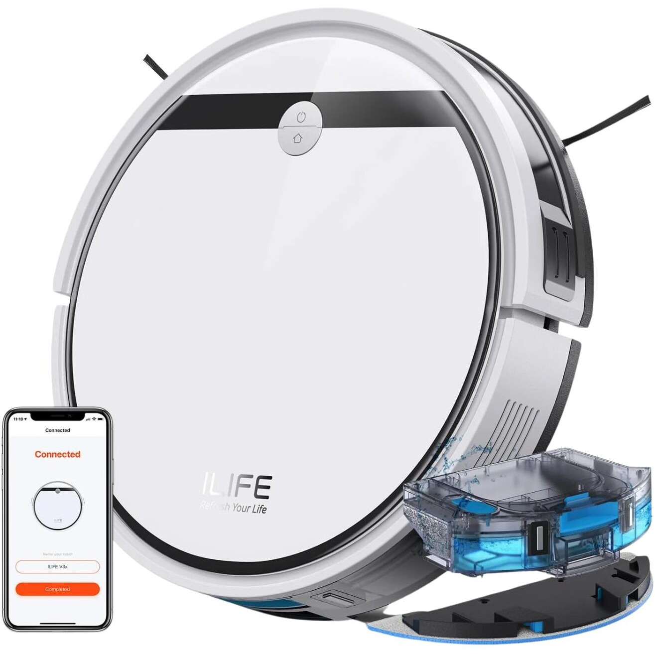 ILIFE V3x Robotic Vacuum Cleaner, Powerful Suction, Daily Schedule Cleaning, Ideal for Hard Floor, Hairs and Low Pile Carpet,Vacuum and Mop (White)