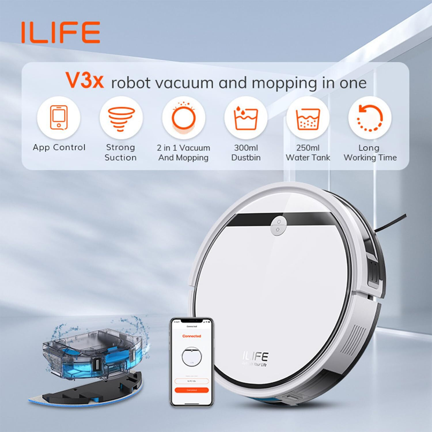 ILIFE V3x Robotic Vacuum Cleaner, Powerful Suction, Daily Schedule Cleaning, Ideal for Hard Floor, Hairs and Low Pile Carpet,Vacuum and Mop (White)