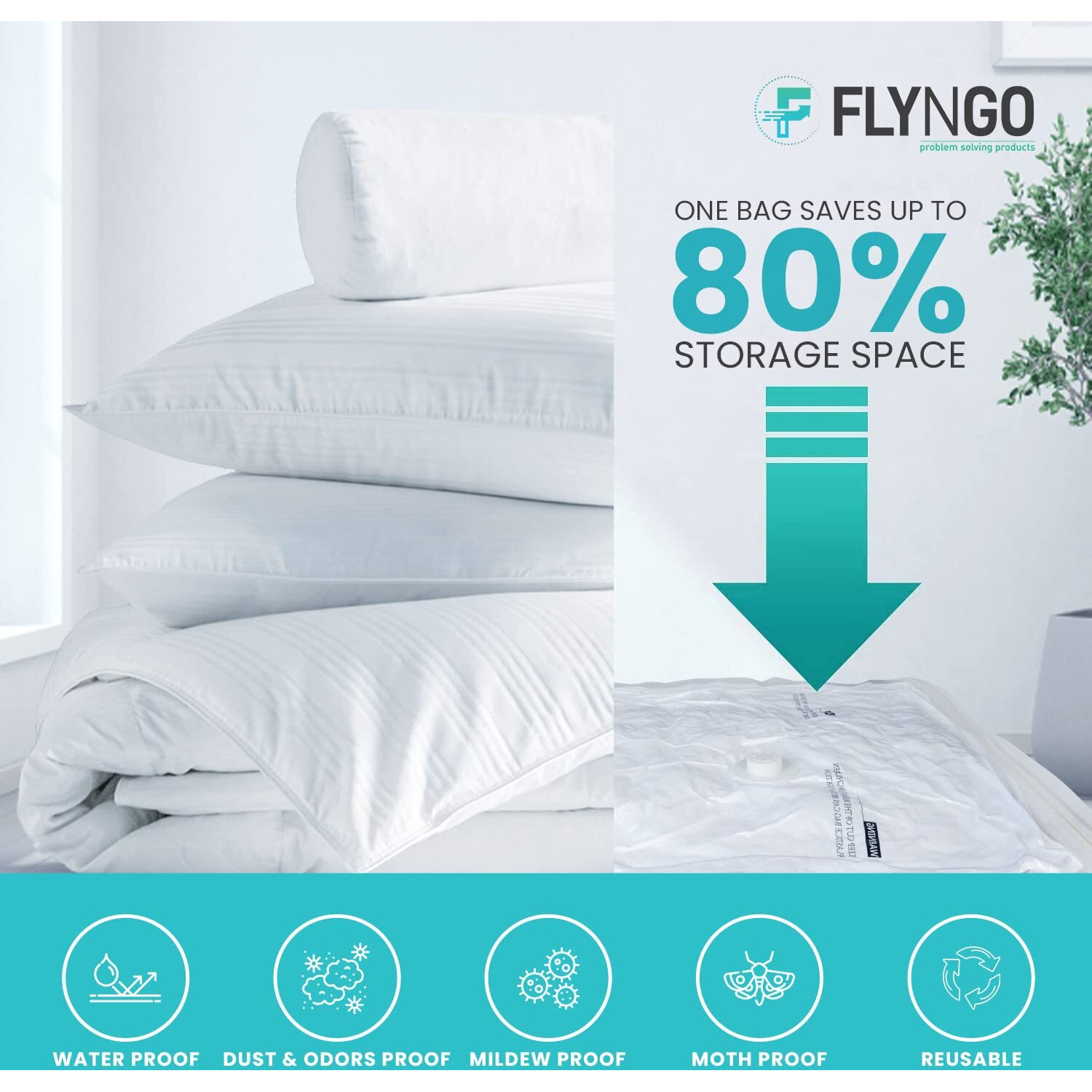 FLYNGO Reusable Ziplock Vacuum Storage Space Saver Bags for Clothes with Travel Hand Pump - Pack of 5