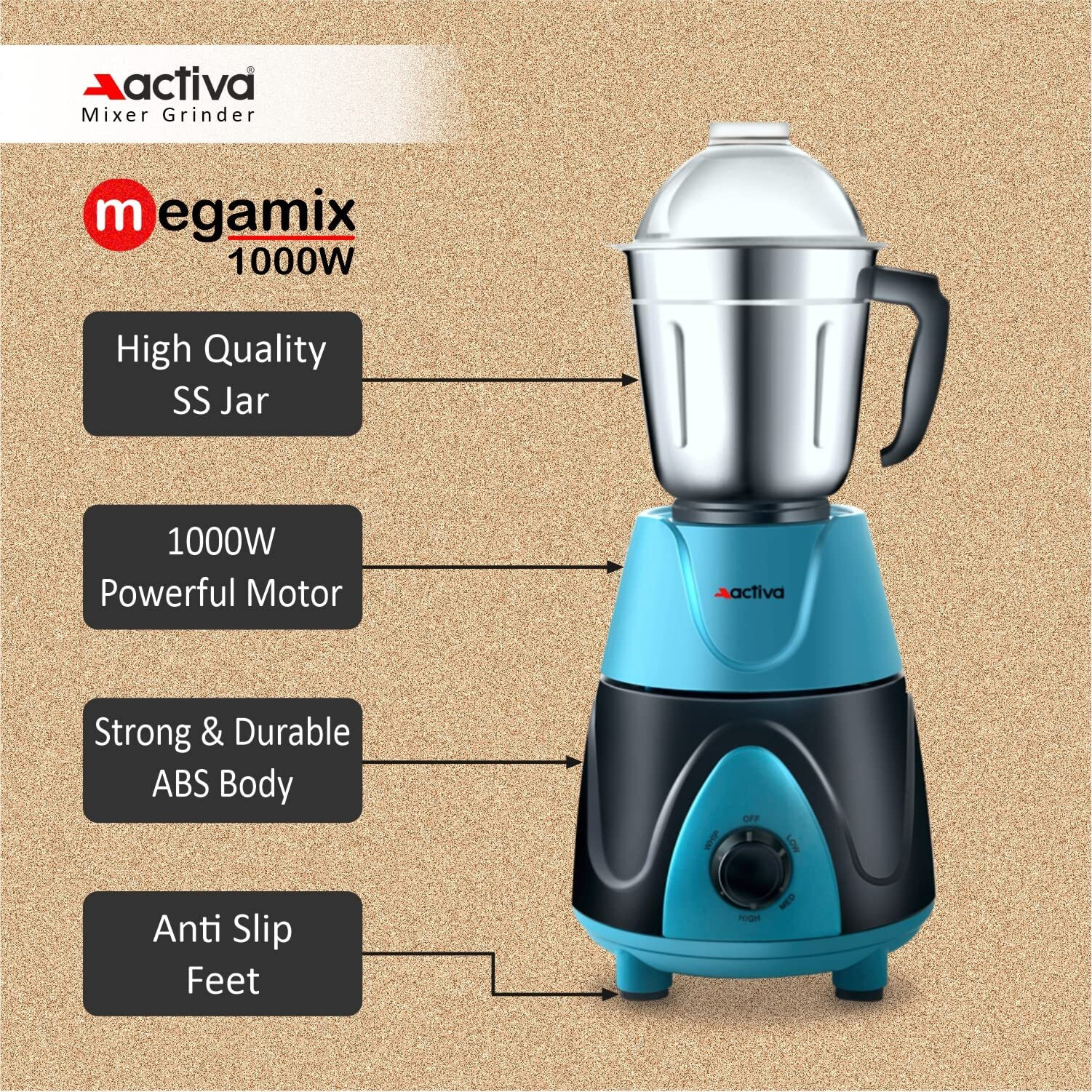 ACTIVA Megamix 1000 W Powerful Motor Mixer Grinder With 4 Jars | 2 Years Motor Warranty, Red