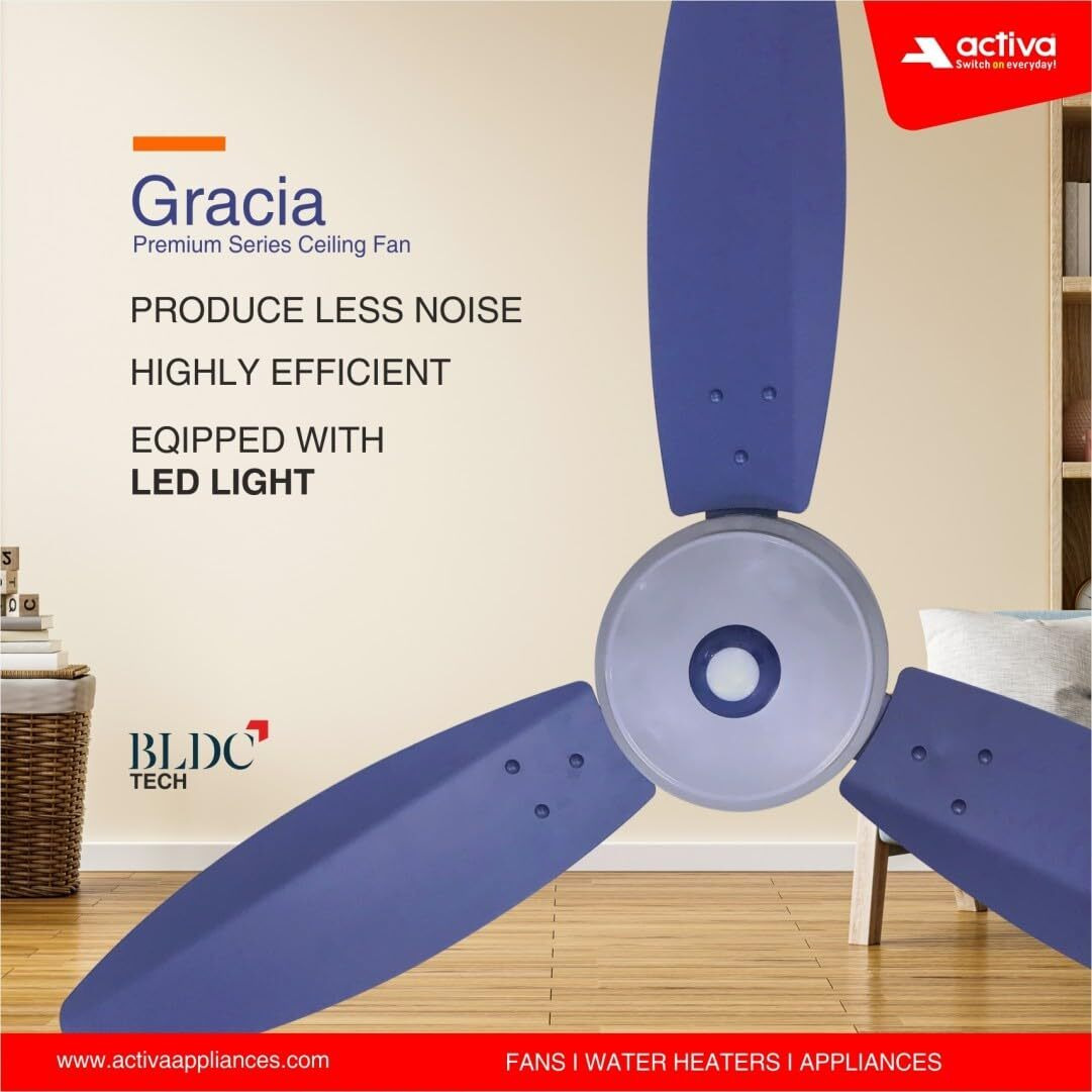 ACTIVA Gracia 1200 MM (28 Watts) BLDC Motor Fan With LED Light |Remote| 3 Blade Energy Saving Ceiling Fan With 5 Year Warranty Pack Of 2 (Silver Blue)