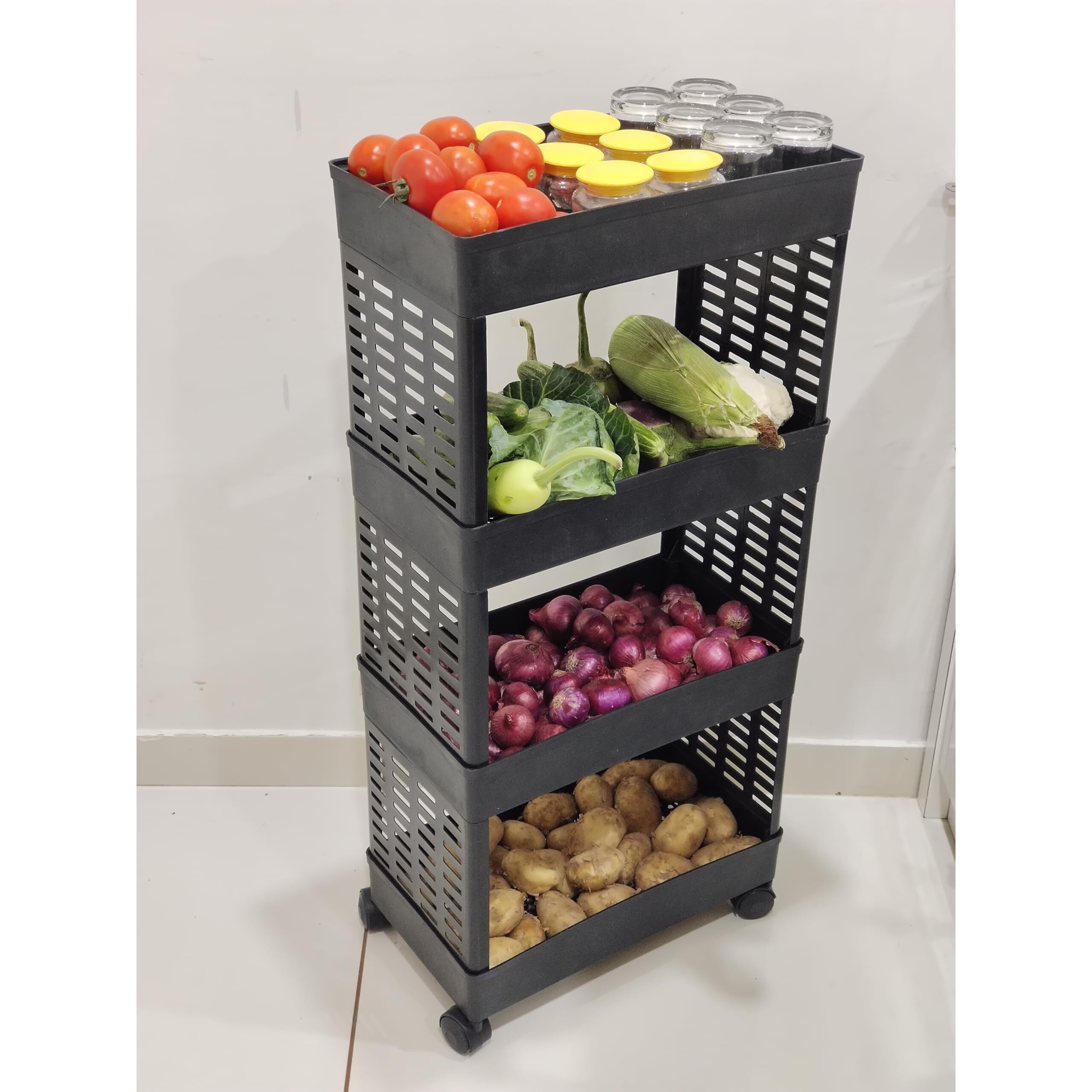 PALAK Plastic Multipurpose 4-Tier Kitchen Organizer Rack/Storage Shelf/Dish Rack/Storage Rack for Kitchen (Black) (4XL, Black)