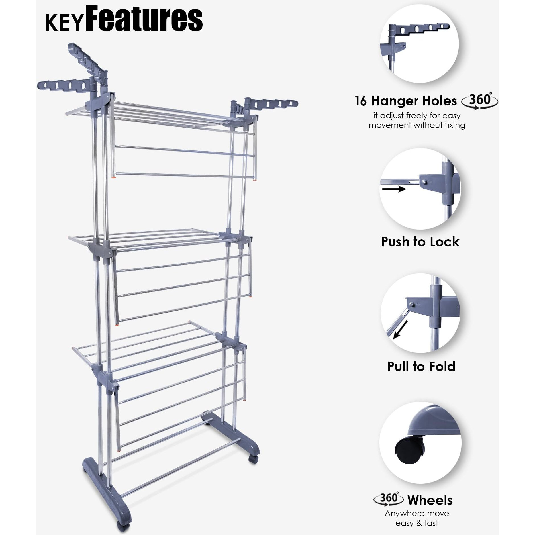 LiMETRO STEEL Premium Clothes Stand for Drying with Wheels | Portable 3 Layer Rack for Balcony | Foldable stainless steel Wings | 360 Rotating Hook for Hangers