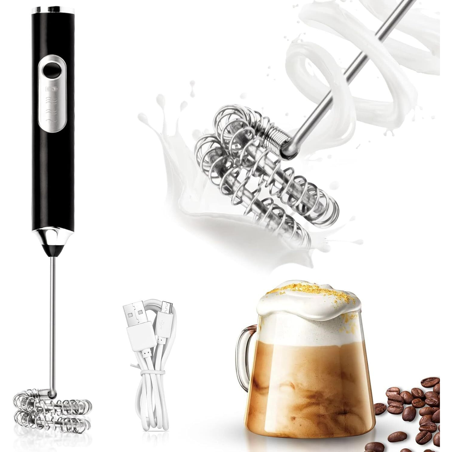 Zuvexa USB Rechargeable Electric Foam Maker - Handheld Milk Wand Mixer Frother for Hot Milk, Hand Blender Coffee, Egg Beater (Black)