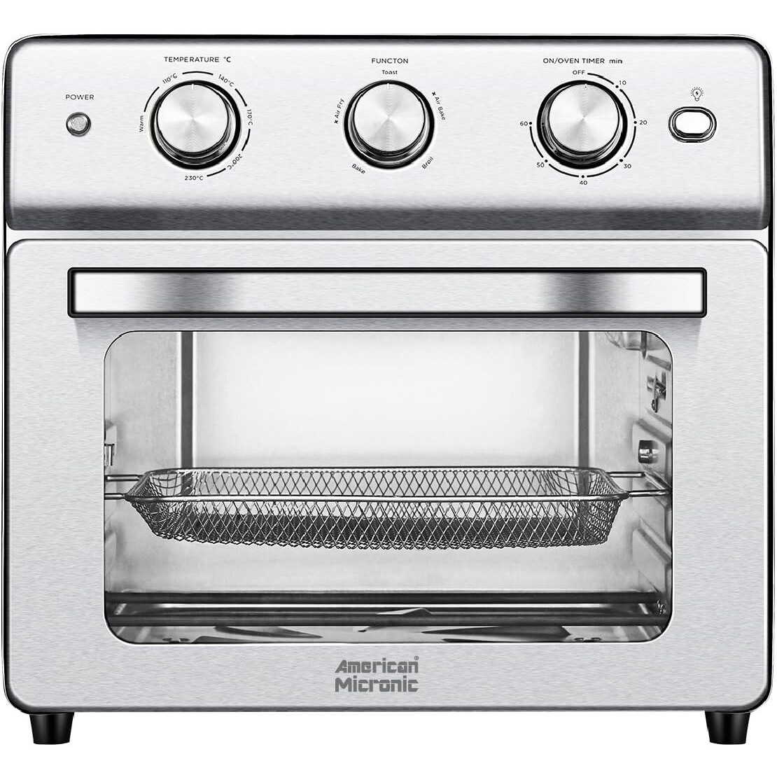 AMERICAN MICRONIC -Air Fryer cum Oven Toaster Griller (OTG)- 25 Litre, 1600W Power, 230C Temperature and a 60 Minute Timer -Free recipe book-Steel (AMI-AFM-250LDx)