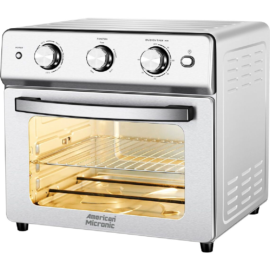 AMERICAN MICRONIC -Air Fryer cum Oven Toaster Griller (OTG)- 25 Litre, 1600W Power, 230C Temperature and a 60 Minute Timer -Free recipe book-Steel (AMI-AFM-250LDx)