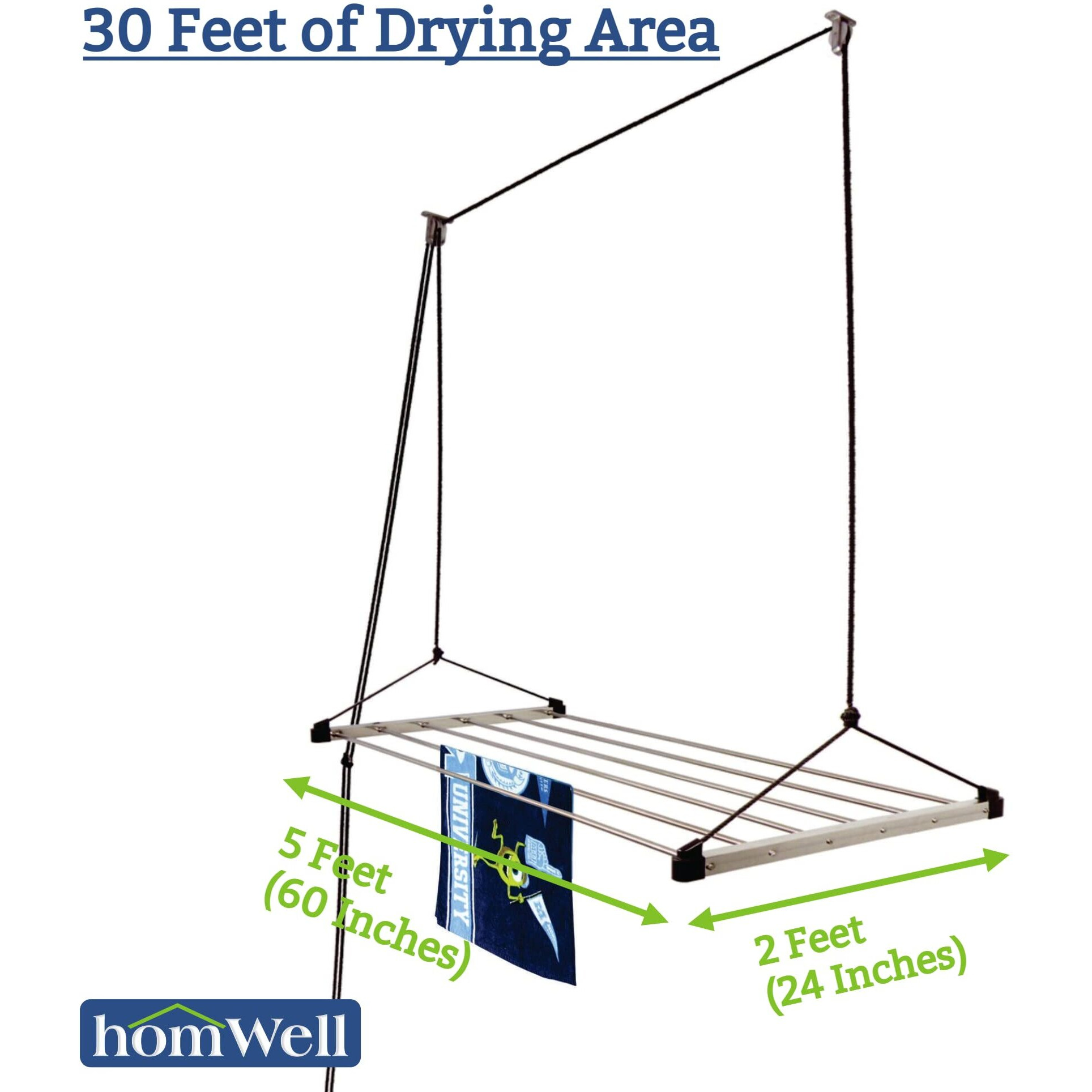 homWell Heavy Duty Stainless Steel 6 Pipe X 5 Feet (Blue) Economy Model with UV Protected Nylon Rope Ceiling Cloth Dryer/Cloth Hanger/Cloth Drying Stand for Balcony/Clothes Stand for Drying