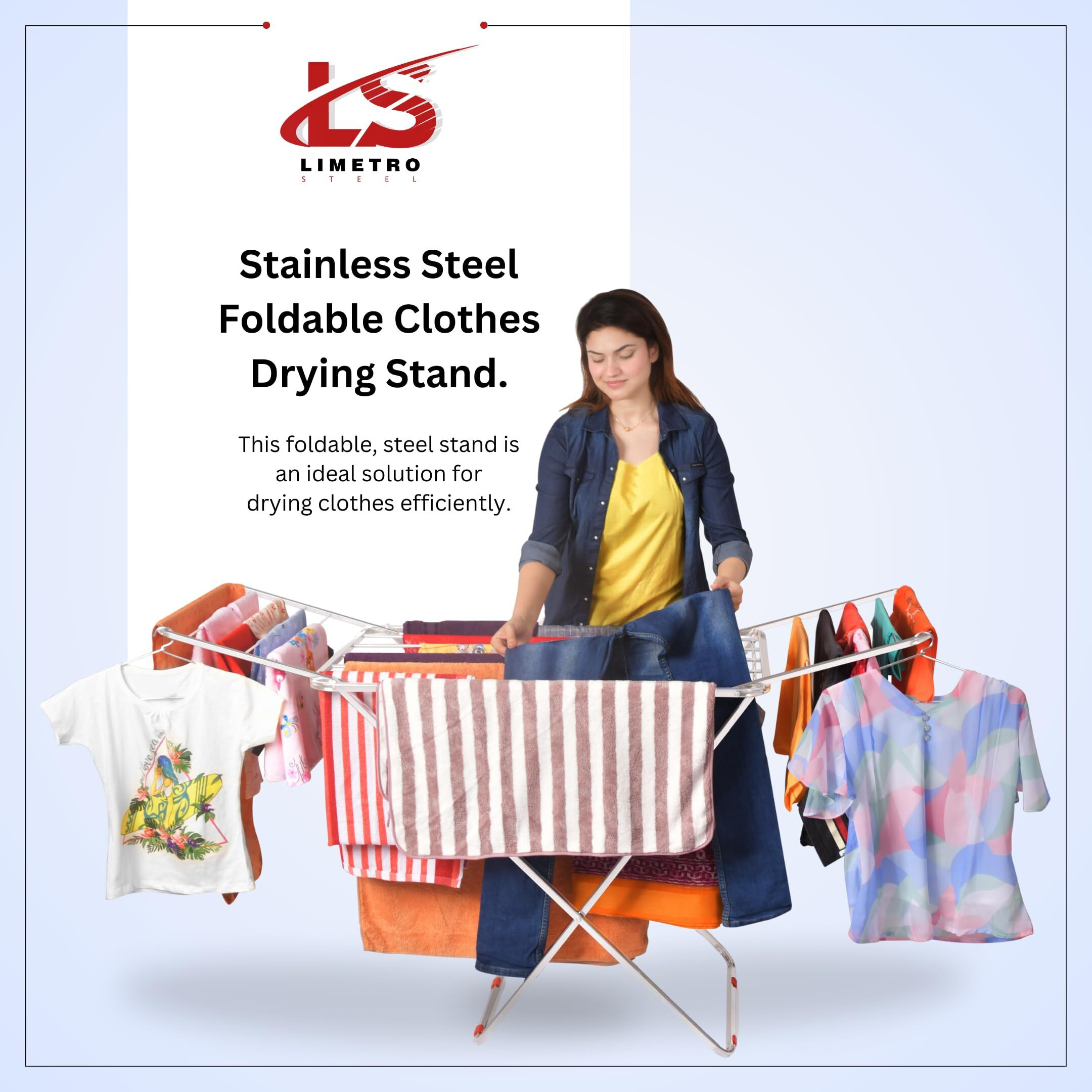 LiMETRO STEEL Stainless Steel Foldable Cloth Dryer Stand Double Rack Cloth Stands for Drying Clothes Steel