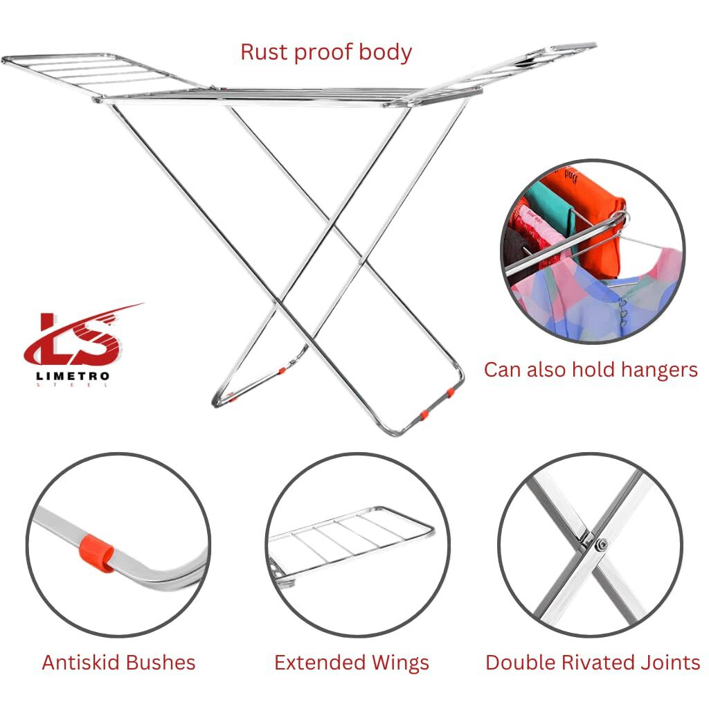 LiMETRO STEEL Stainless Steel Clothes Drying Stand Foldable cloth Racks for drying clothes (Pipe)