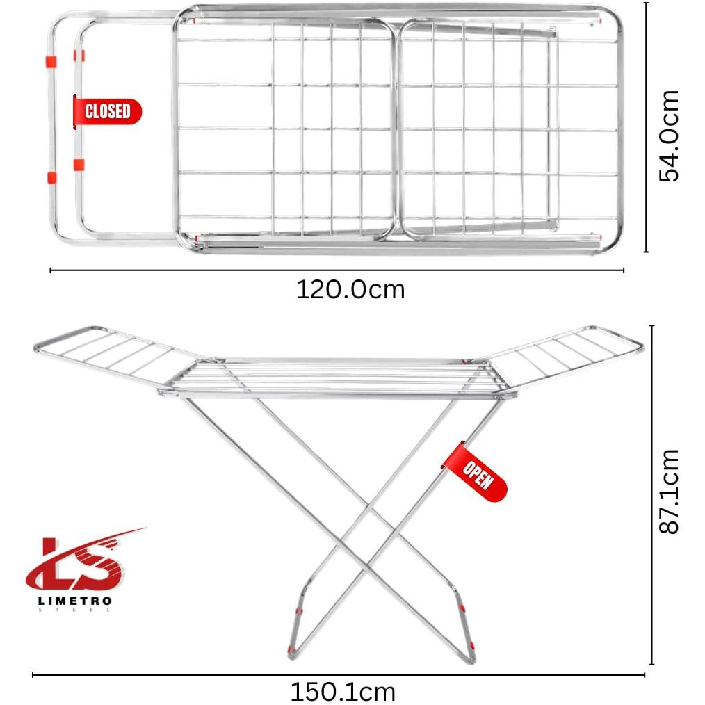 LiMETRO STEEL Stainless Steel Clothes Drying Stand Foldable cloth Racks for drying clothes (Pipe)