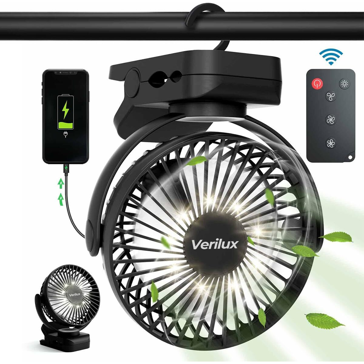 Verilux Rechargeable Table Fan with Night Light & Remote Control, 360 Adjustment 8000mAh High Speed Table Fan for Home, Office, Camping with Clip and Power Bank