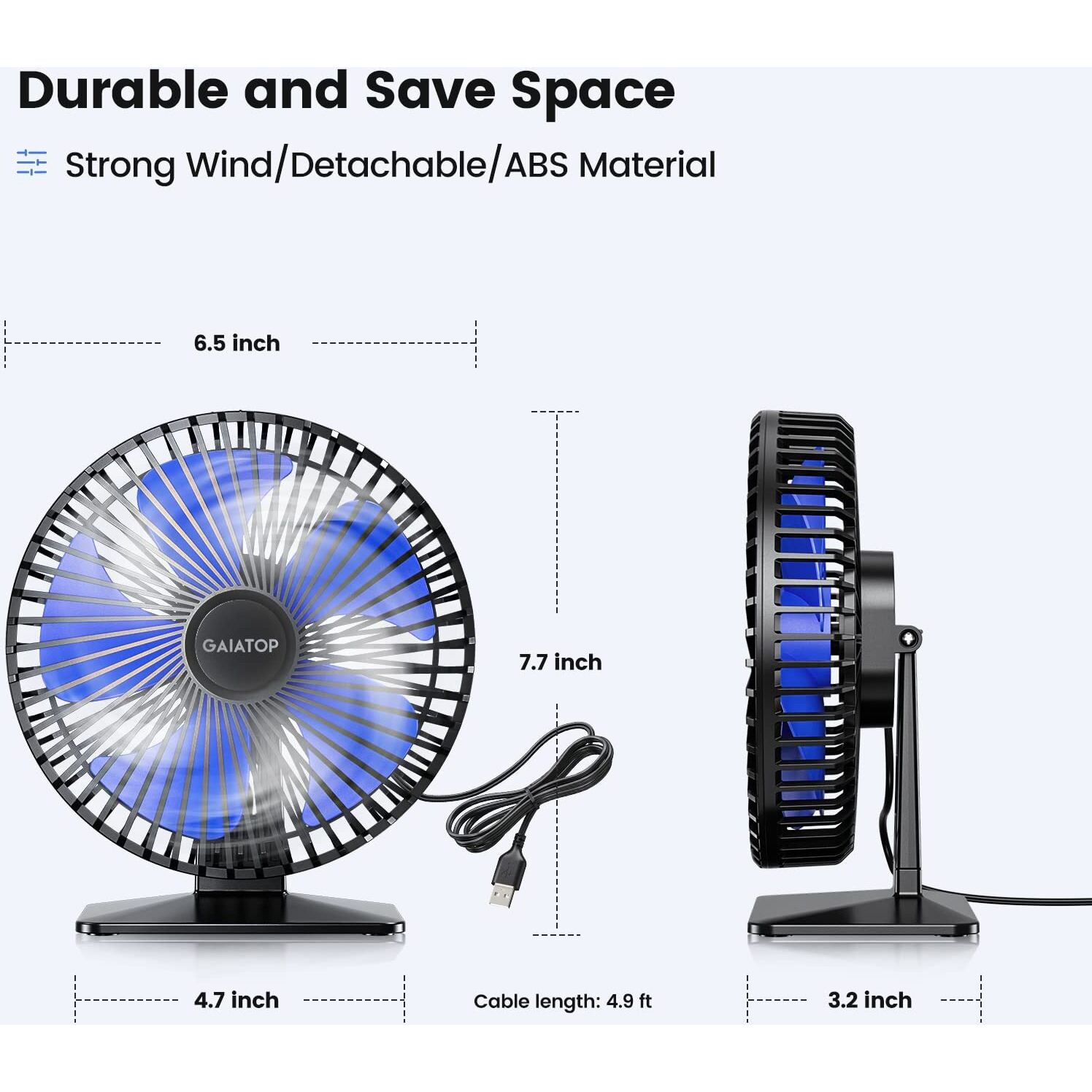 Gaiatop Small Table Fan, 6.5 Inch Ultra-quiet, 90 Adjustment for Better Cooling, 3 Speeds Portable Mini Powerful Desktop Table Fan, Small Personal Cooling Fan for Home Office (Blue Blade)