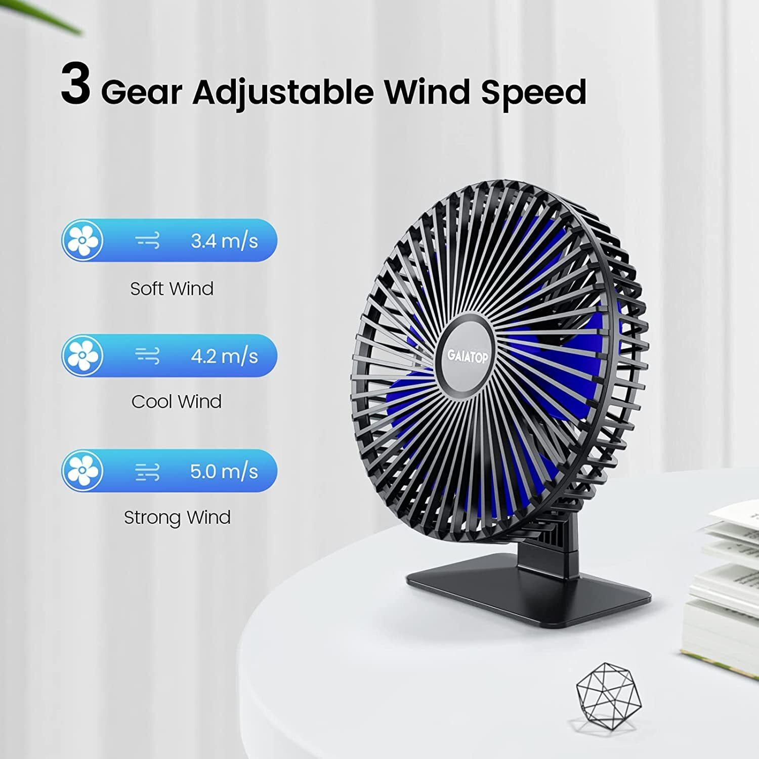 Gaiatop Small Table Fan, 6.5 Inch Ultra-quiet, 90 Adjustment for Better Cooling, 3 Speeds Portable Mini Powerful Desktop Table Fan, Small Personal Cooling Fan for Home Office (Blue Blade)