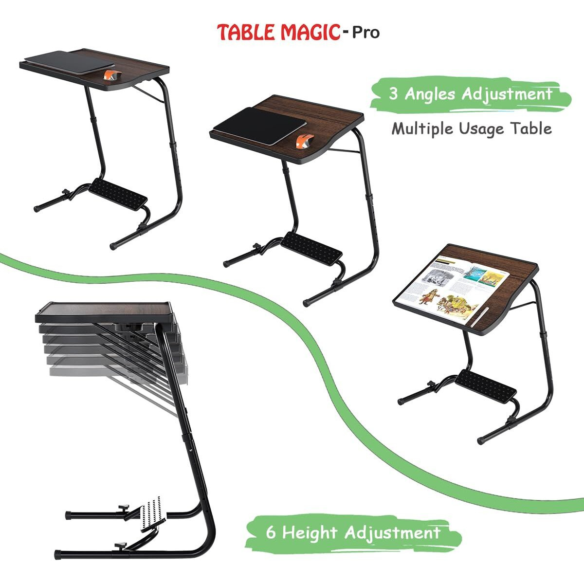 TABLE MAGIC - Pro with Footrest Extended Work Space Laptop Table Mat Finish Wood Finish Laminated top, Multipurpose Height Adjustable Work Study Tv Tray Table Lap Desk (Pro-Executive Classic Walnut)