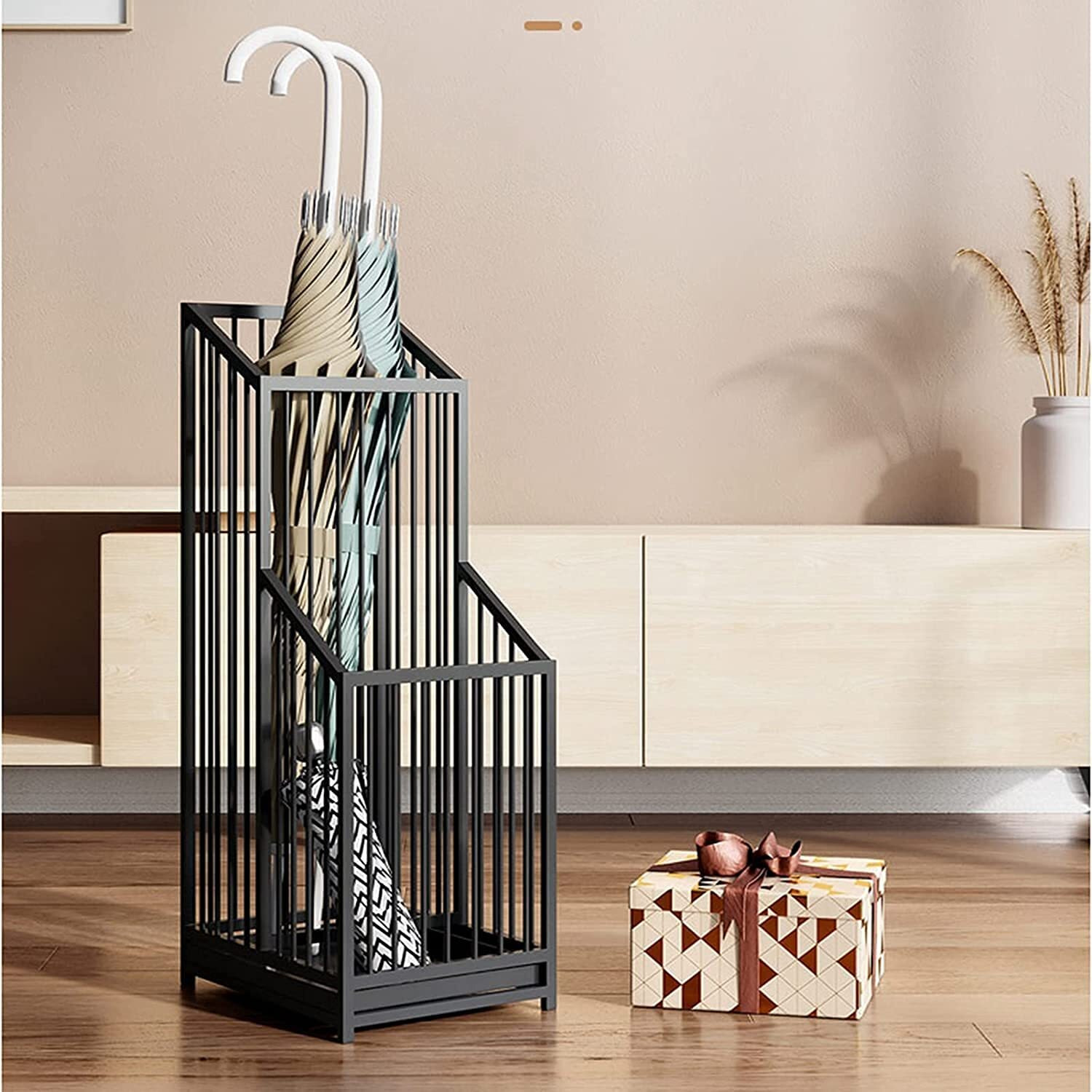 INDIAN DECOR. 567766 Umbrella stand/Umbrella rack Black Metal Umbrella Stand, Umbrella Storage Bucket for Household Commercial Hotel Bank, with Detachable Drip Tray, Easy to Clean