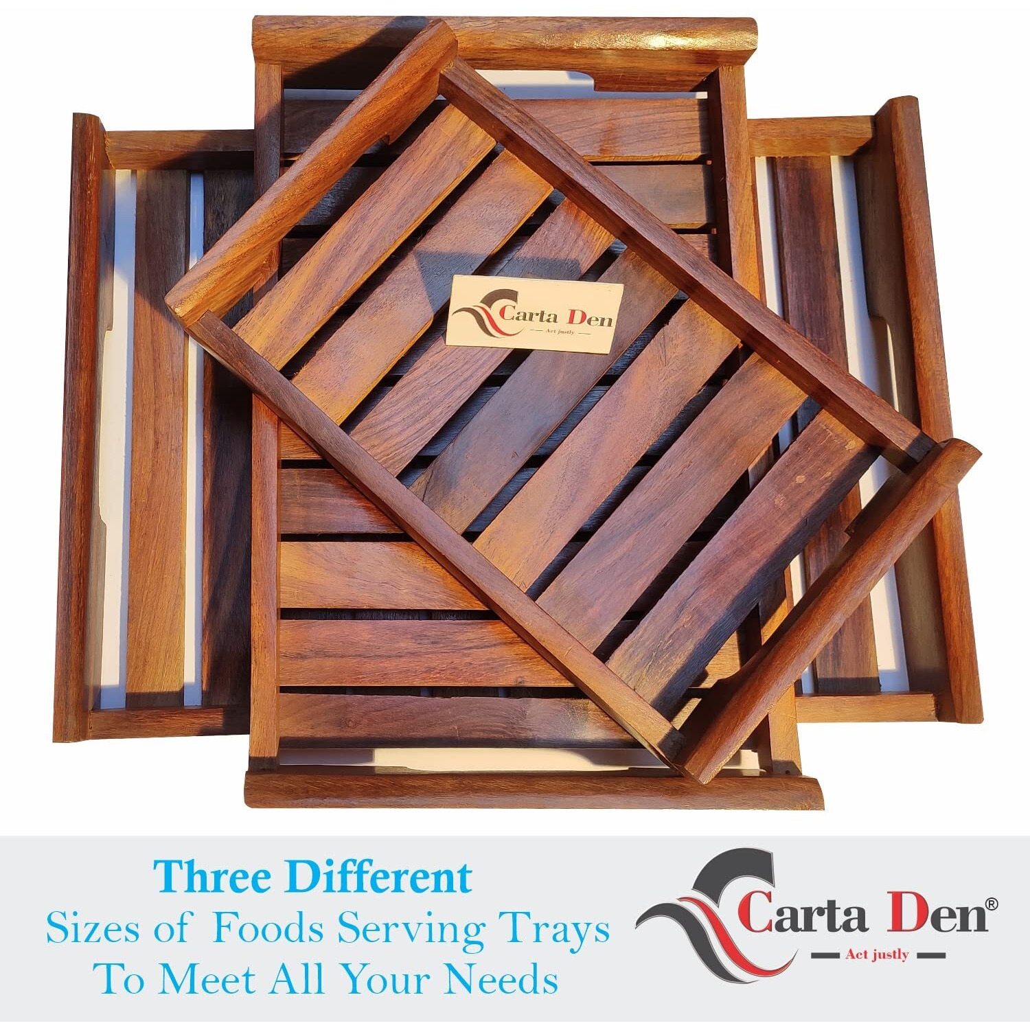 CARTADEN Wooden Serving Trays Modern Style With Cutout Handle Large, Medium And Small For Food, Wooden Trays For Breakfast - Natural Wood And Brown (Set of 3) Rectangular