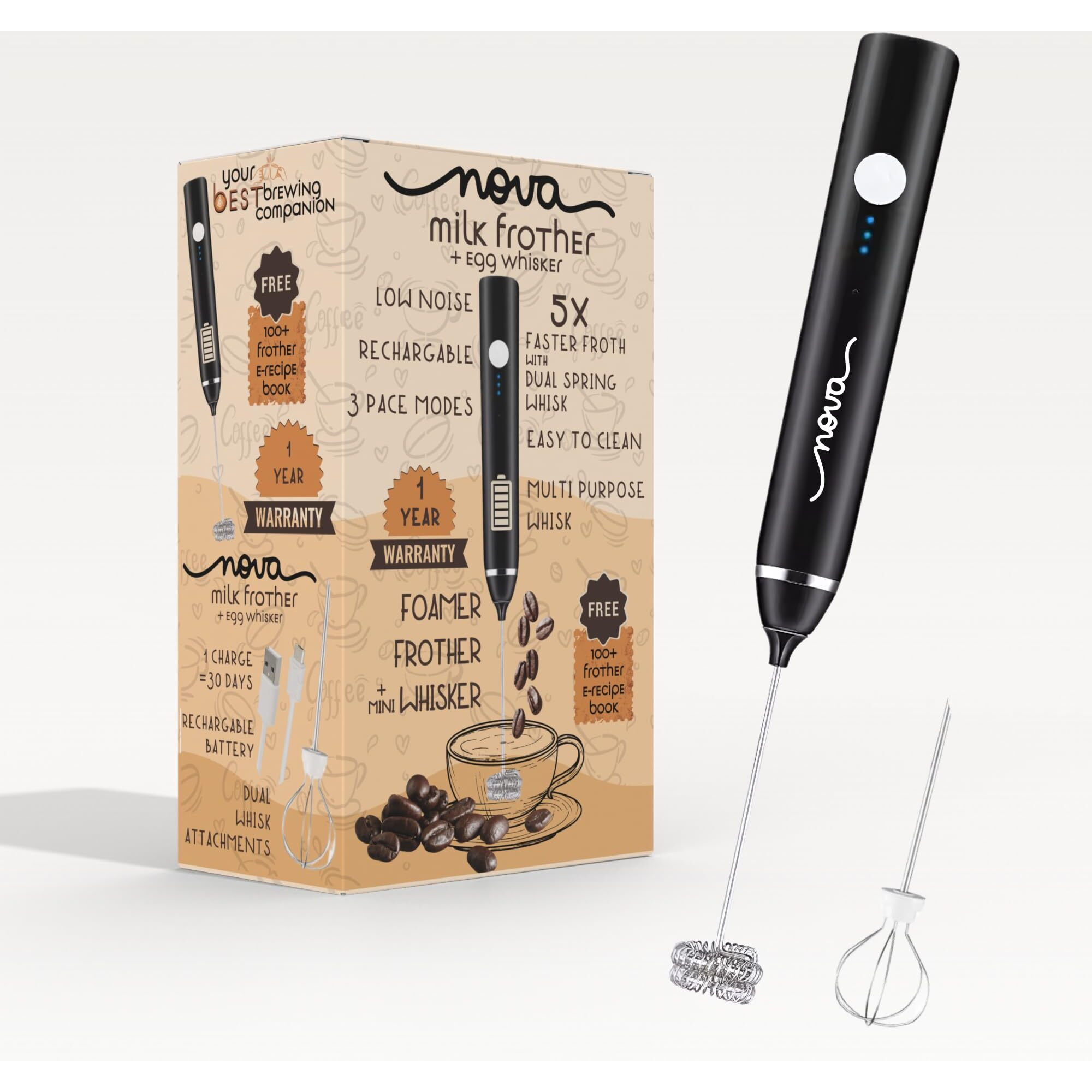 Rechargable Coffee Frother Milk Frother & Coffee Beater for Cold Coffee Latte 2in1 Handheld Blender and Egg Whisker | 1 Year Warranty and Free Frothy Recipe E-Book |
