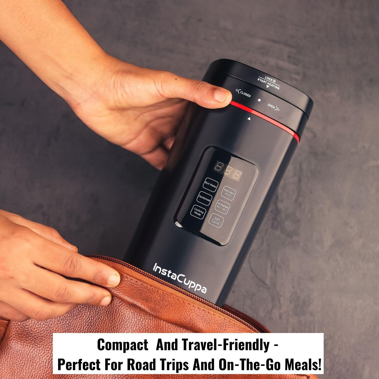 InstaCuppa Portable Electric Kettle With Temperature Control, Travel Electric Water Bottle For Boiling Hot Water with Cool Touch Exterior, Automatic Shut Off, 500 ML, 300 Watts,Black