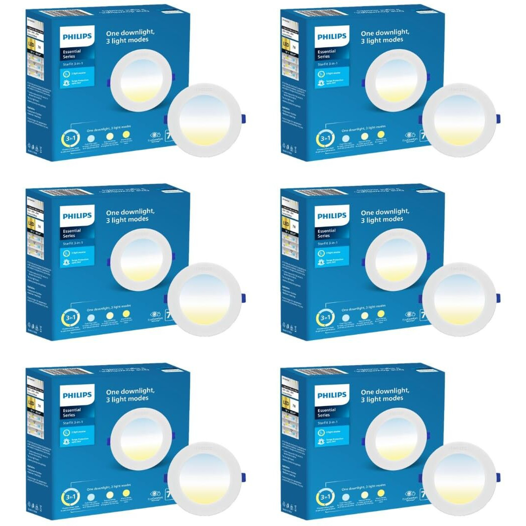 PHILIPS StarFit 7-watt Round LED Downlighter | 3 Colors in 1 Concealed JB LED Downlight | LED Ceiling Light for Home and Hall | Cut Out 3 inch, Color Tunable White, Pack of 6