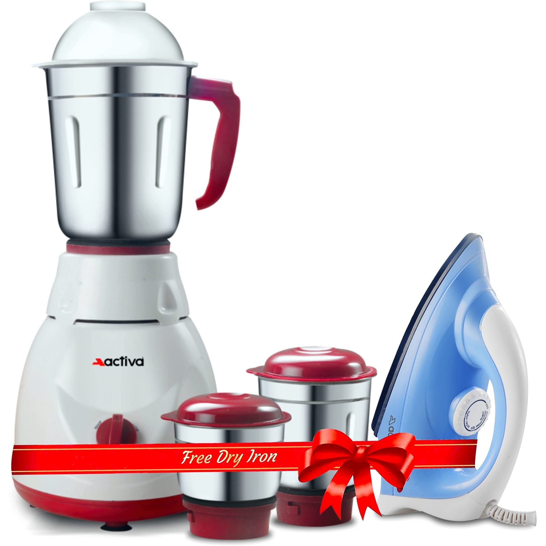 Activa Pluto Combo 500 Watt 3 Jar Mixer Grinder With Electric Dry Iron Come With 2 Year Warranty - Multicolor