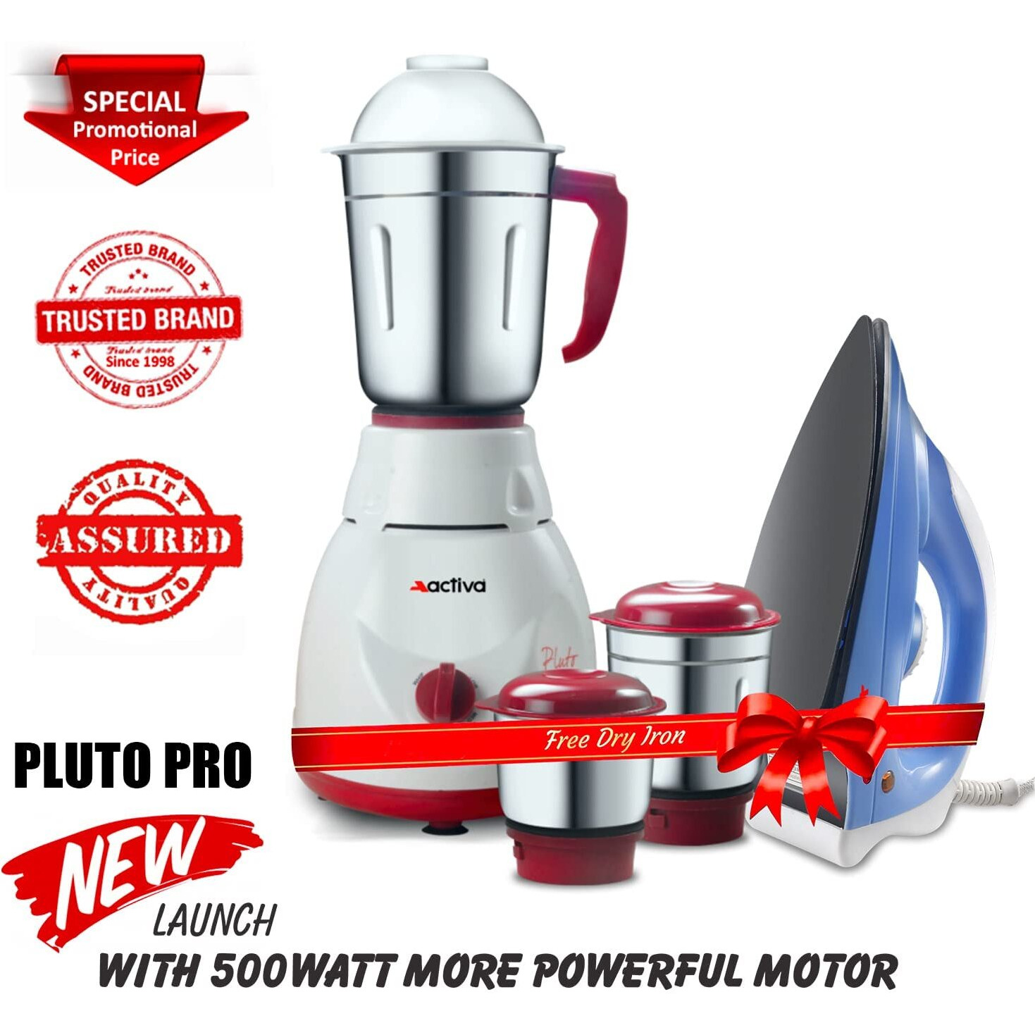 Activa Pluto Combo 500 Watt 3 Jar Mixer Grinder With Electric Dry Iron Come With 2 Year Warranty - Multicolor