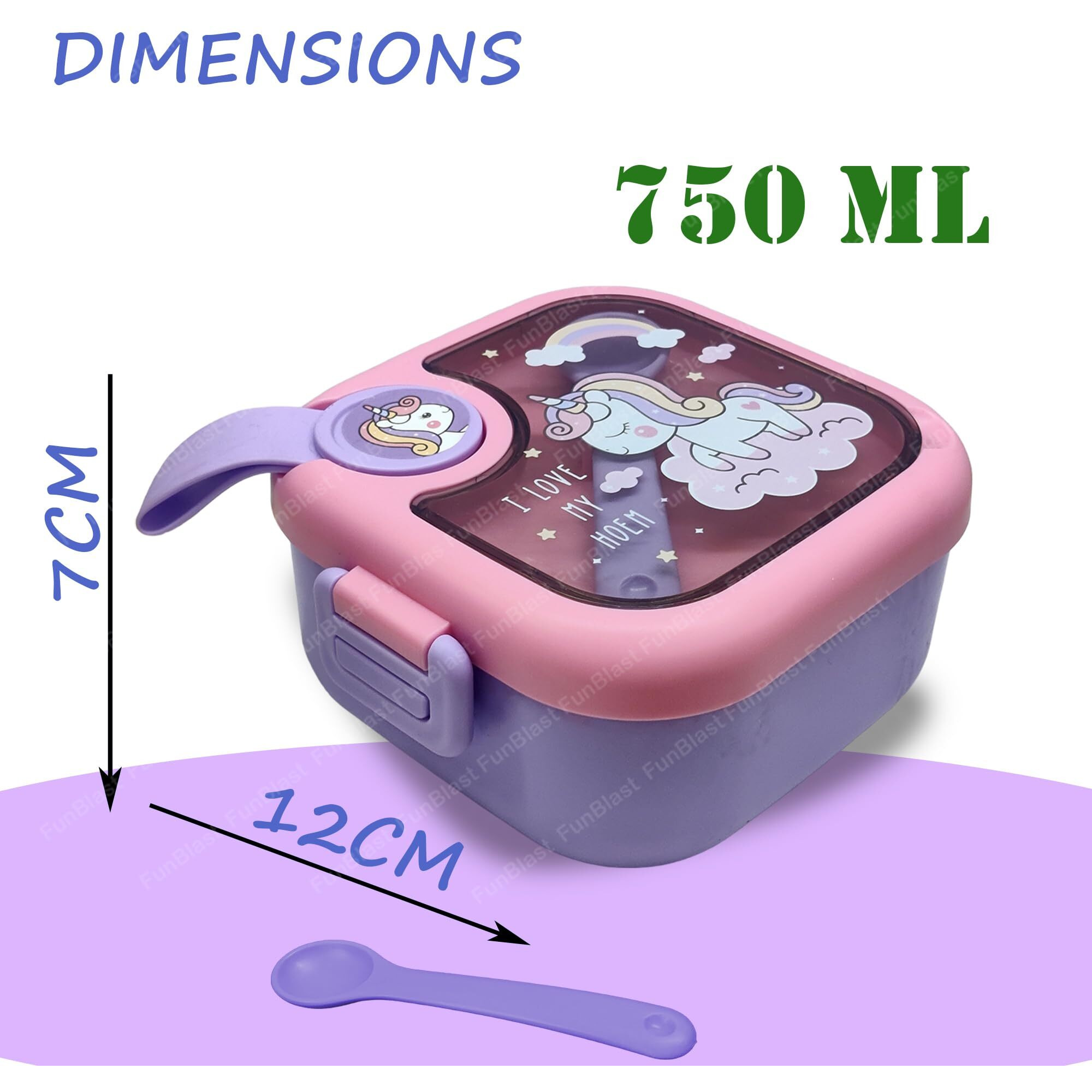 FunBlast Polypropylene Lunch Box For School Kids Unicorn Theme Lunch Box With Spoon,Ss304 Lunch Box,Tiffin Box For School,Air-Tight,Insulated Lunch Box,Lunch Box For Dry Foods,750 ML,Multicolor