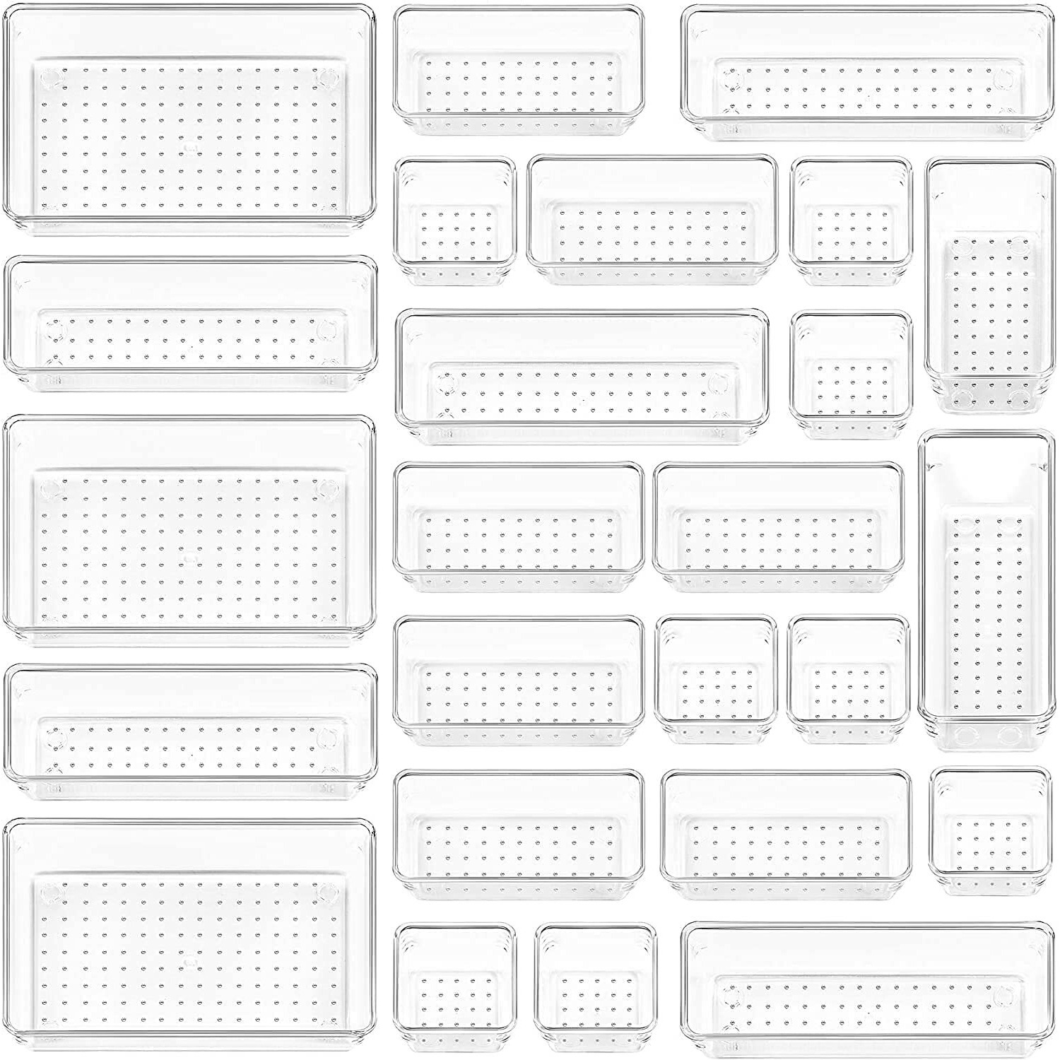Zollyss 25 Pcs Desk Drawer Organizers Trays Set Clear Plastic Storage Bins Bathroom Drawer Tray Dividers Vanity Trays Organizer for Bedroom Dresser Makeup Kitchen Utensil Office