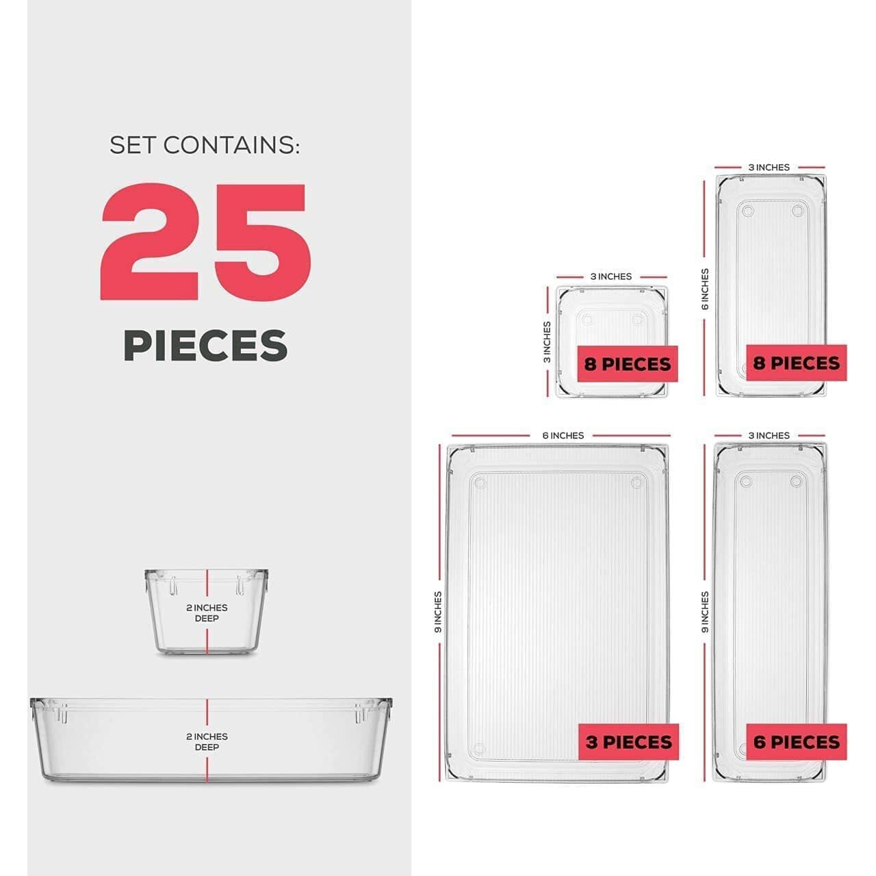 Zollyss 25 Pcs Desk Drawer Organizers Trays Set Clear Plastic Storage Bins Bathroom Drawer Tray Dividers Vanity Trays Organizer for Bedroom Dresser Makeup Kitchen Utensil Office