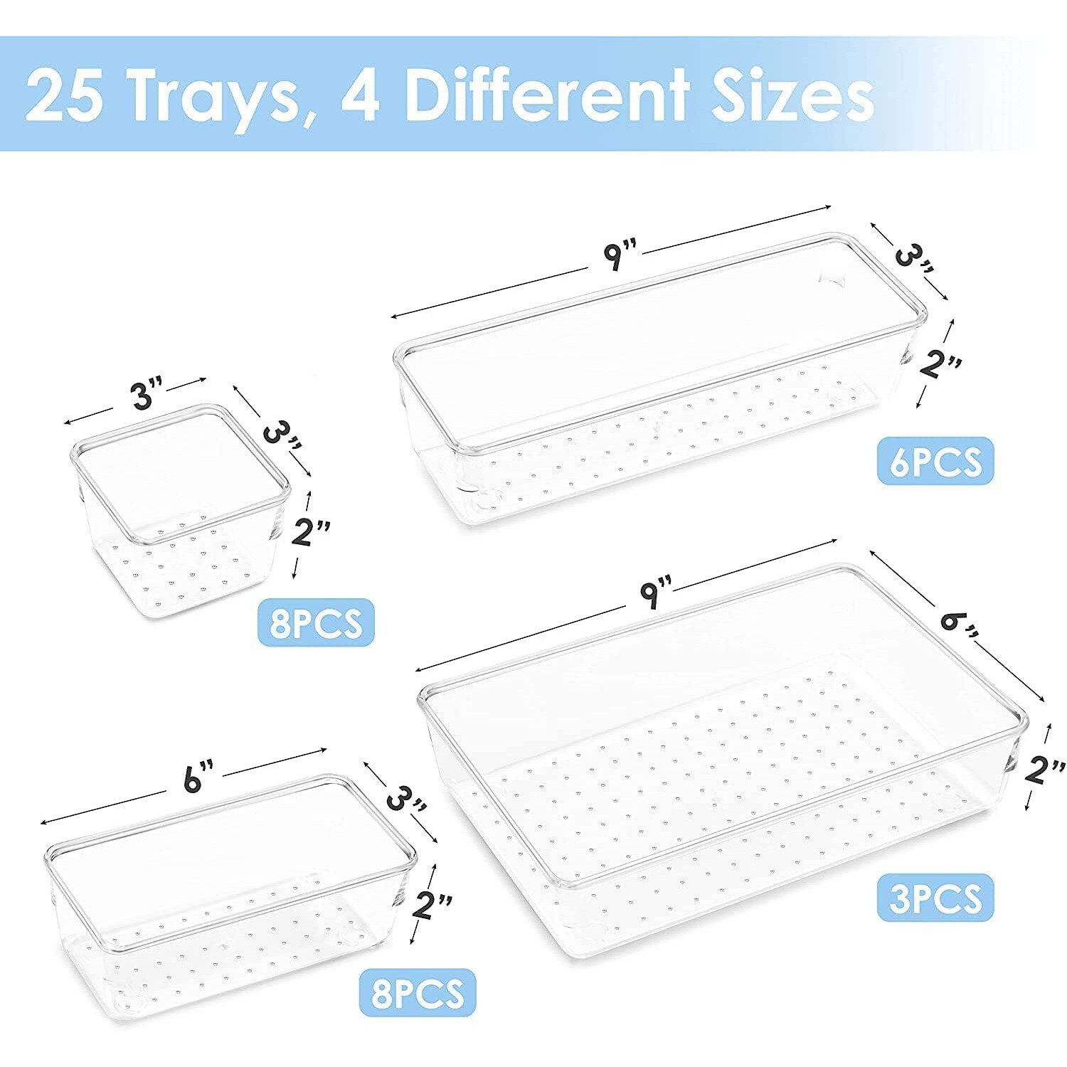 Zollyss 25 Pcs Desk Drawer Organizers Trays Set Clear Plastic Storage Bins Bathroom Drawer Tray Dividers Vanity Trays Organizer for Bedroom Dresser Makeup Kitchen Utensil Office