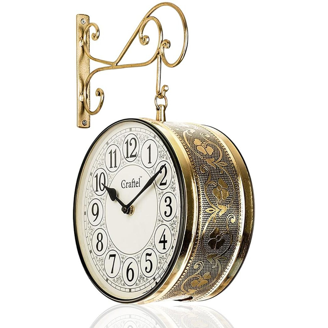 CRAFTEL Metal Analog Double Sided Vintage Station Wall Clock for Home (Shiny Gold_10 Inches)