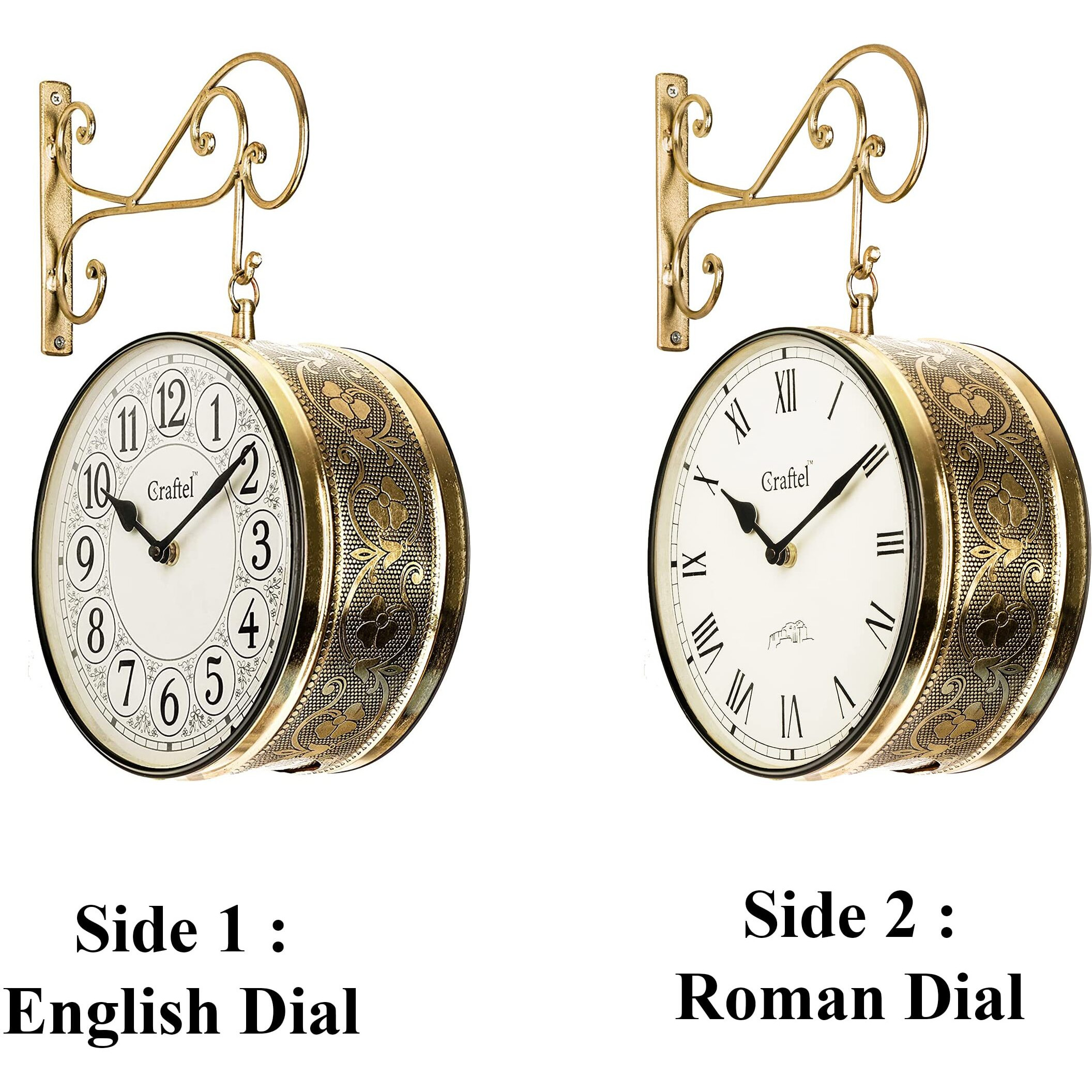 CRAFTEL Metal Analog Double Sided Vintage Station Wall Clock for Home (Shiny Gold_10 Inches)