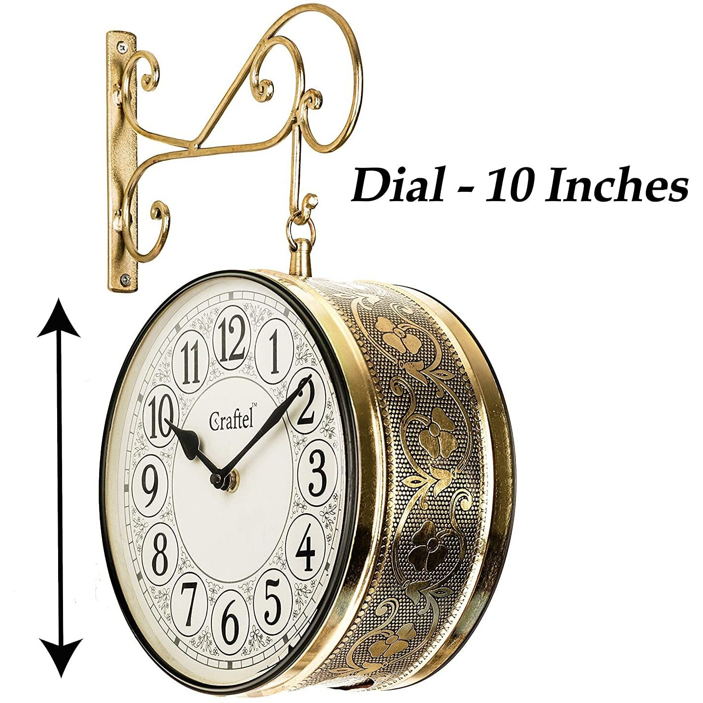 CRAFTEL Metal Analog Double Sided Vintage Station Wall Clock for Home (Shiny Gold_10 Inches)