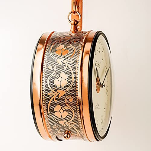 CRAFTEL Metal Analog Double Sided Vintage Station Wall Clock with Brass in dial (Dial - 8 Inches, Rose Gold)