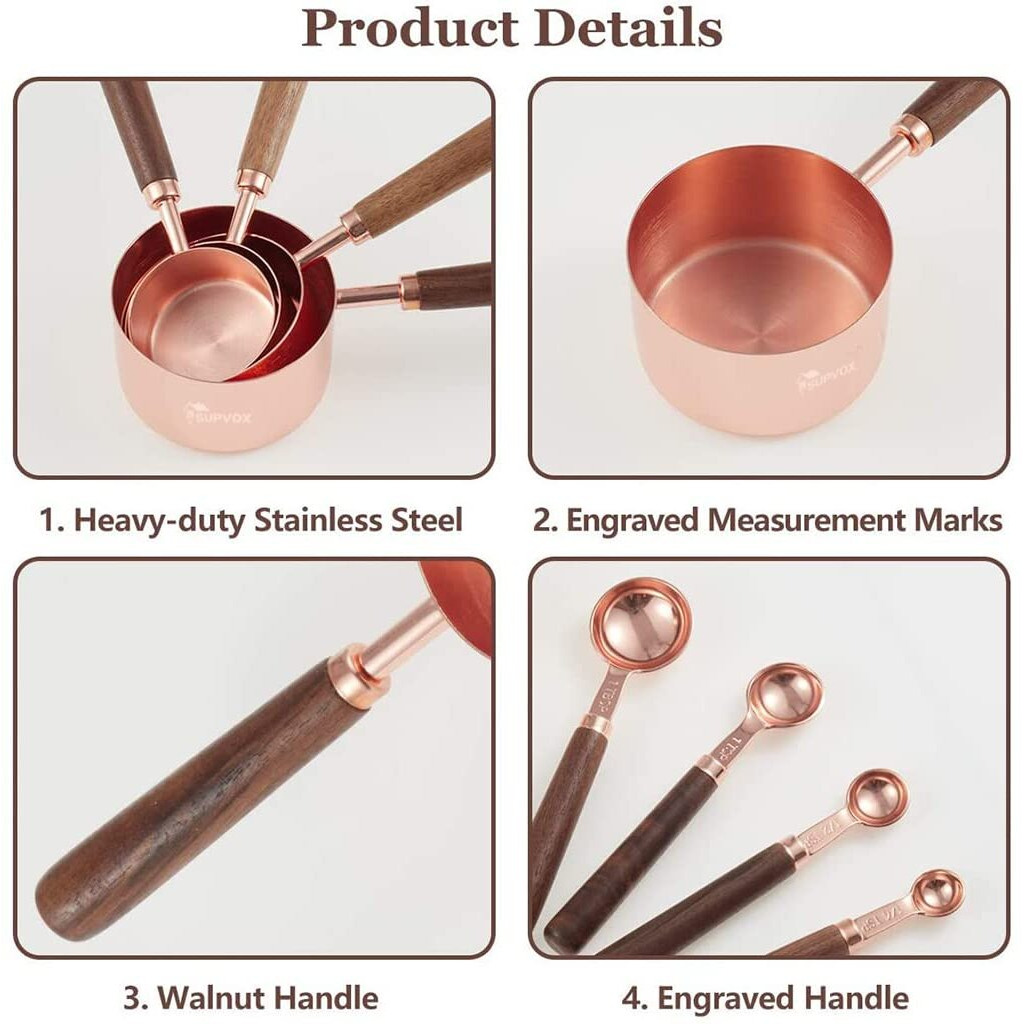 Supvox 8Pcs Measuring Cups and Spoons Set, Stainless Steel Measuring Cup with Wood Handle, Rose Gold Polished Finish, 60ml/80ml/125ml/250ml/1.25ml/2.5ml/5ml/15ml, for Cooking and Baking