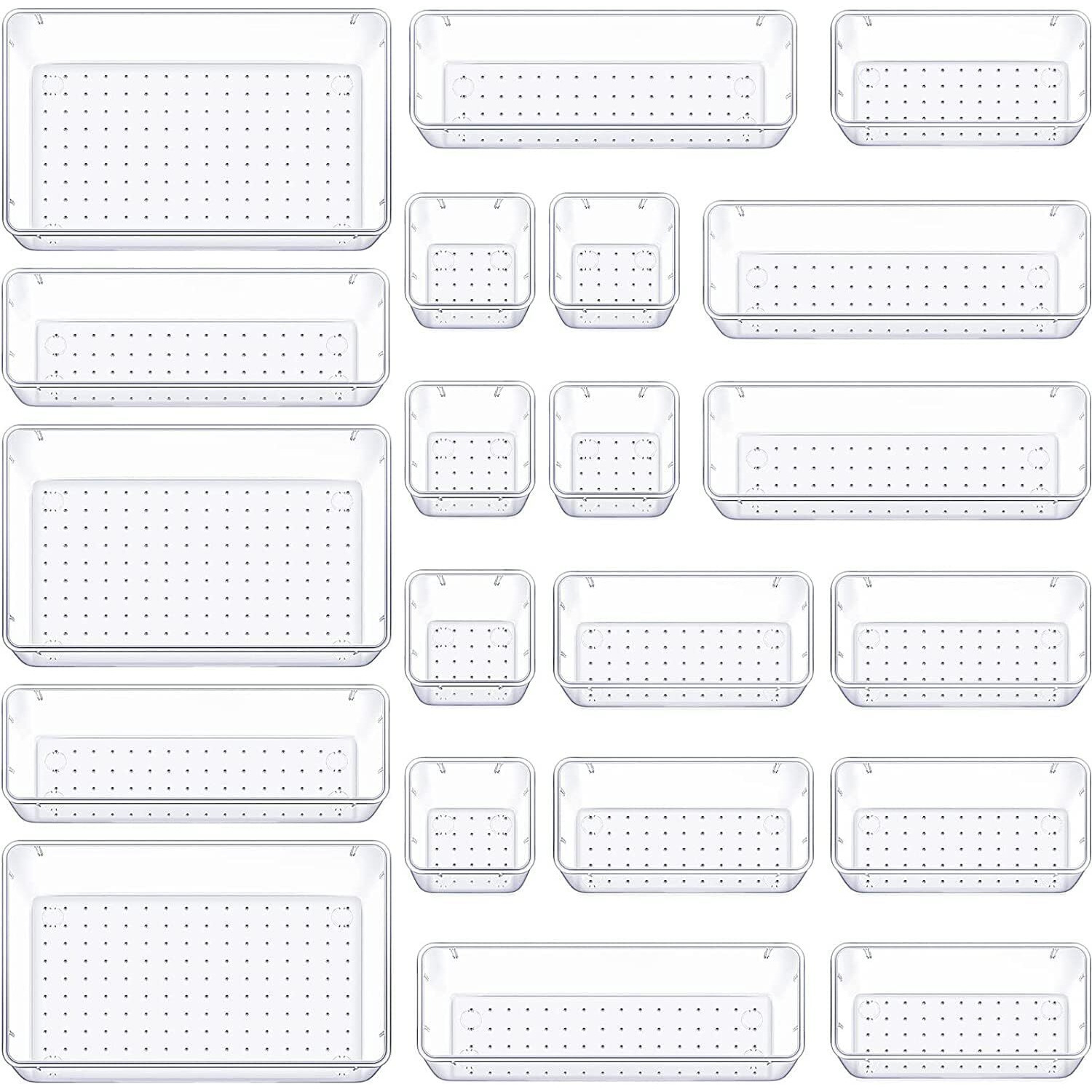 Zollyss Bathroom Drawer Tray Dividers Plastic Vanity Organizers Storage Bins for Makeup Dresser Tray, Clear (21 Pcs)
