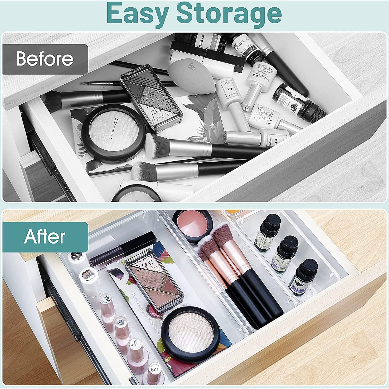 Zollyss Bathroom Drawer Tray Dividers Plastic Vanity Organizers Storage Bins for Makeup Dresser Tray, Clear (21 Pcs)