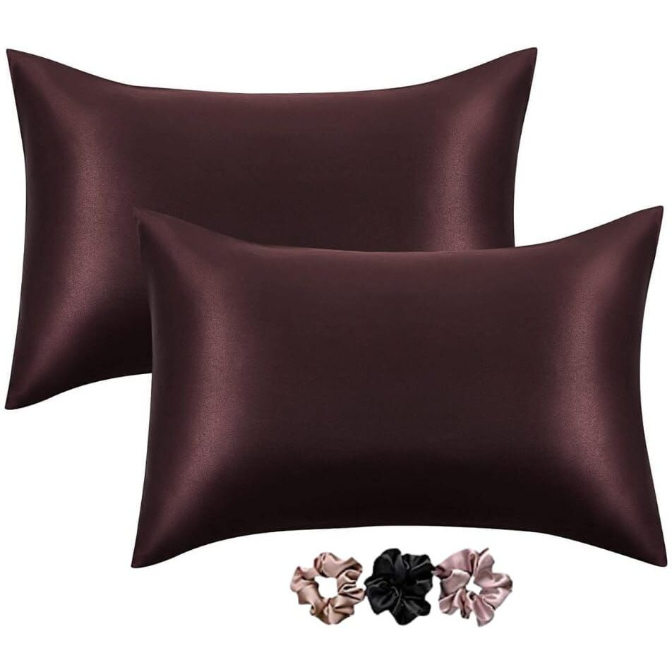 Go Well Satin Silk Pillow Covers Pack of 2 for Hair and Skin-with Satin Scrunchies for Women Stylish|Satin Pillow coves for Hair and Skin |scrunchies for Women 3-Piece|Silk Pillow case (BROWN STONE)